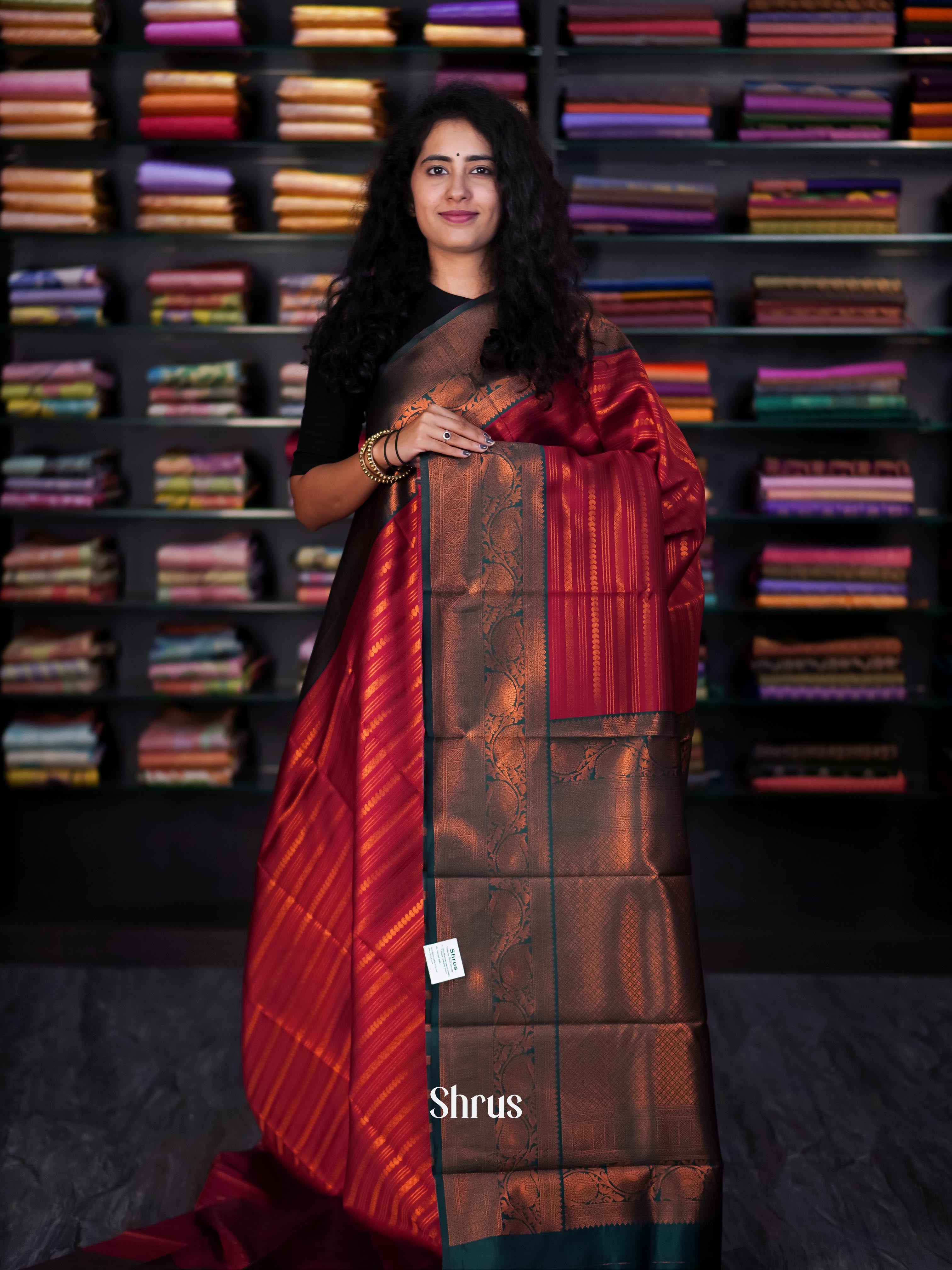 Maroon & Green - Semi Arani Silk Saree - Shop on ShrusEternity.com