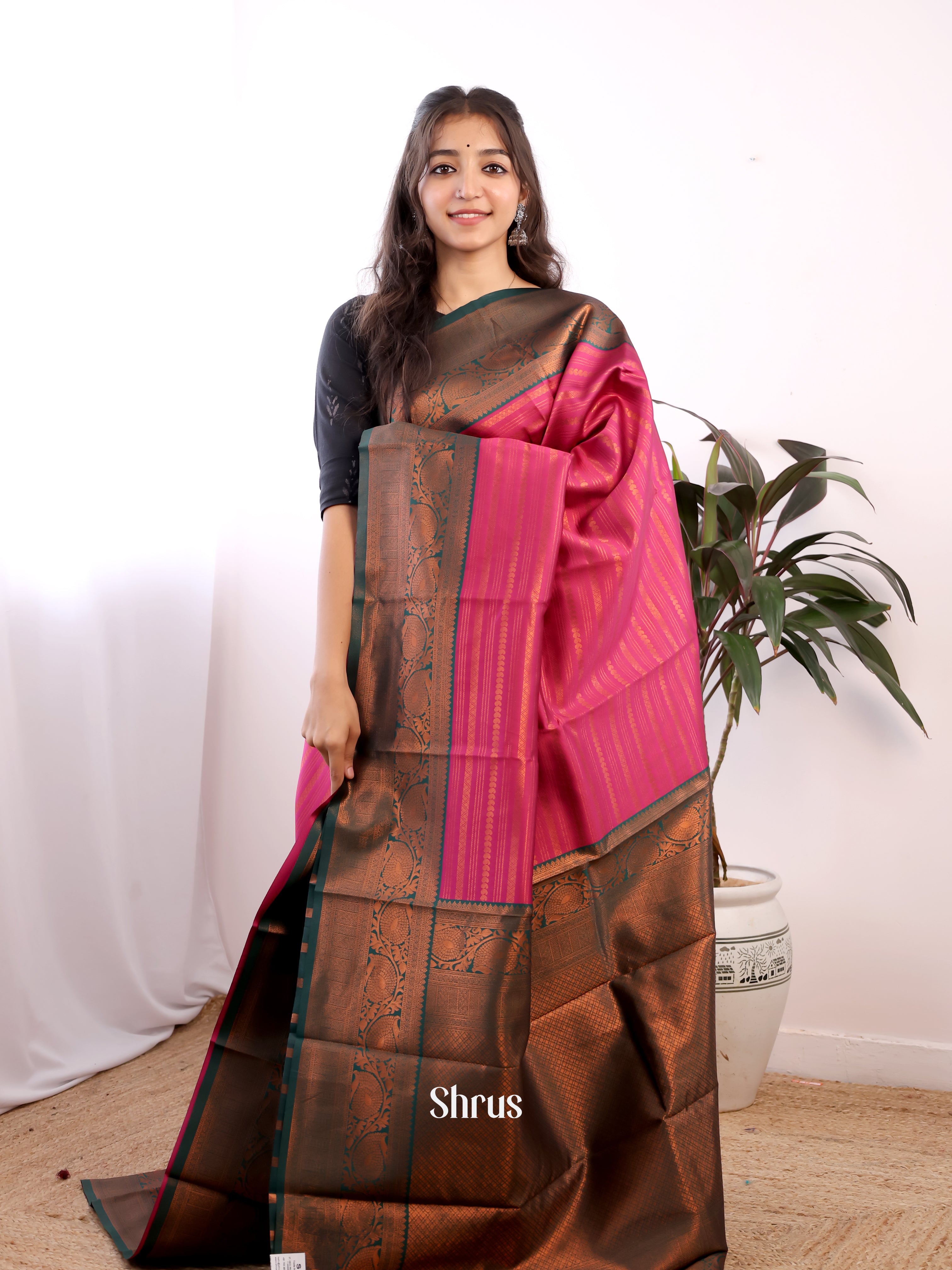 Pink & Green - Semi Arani Silk Saree - Shop on ShrusEternity.com