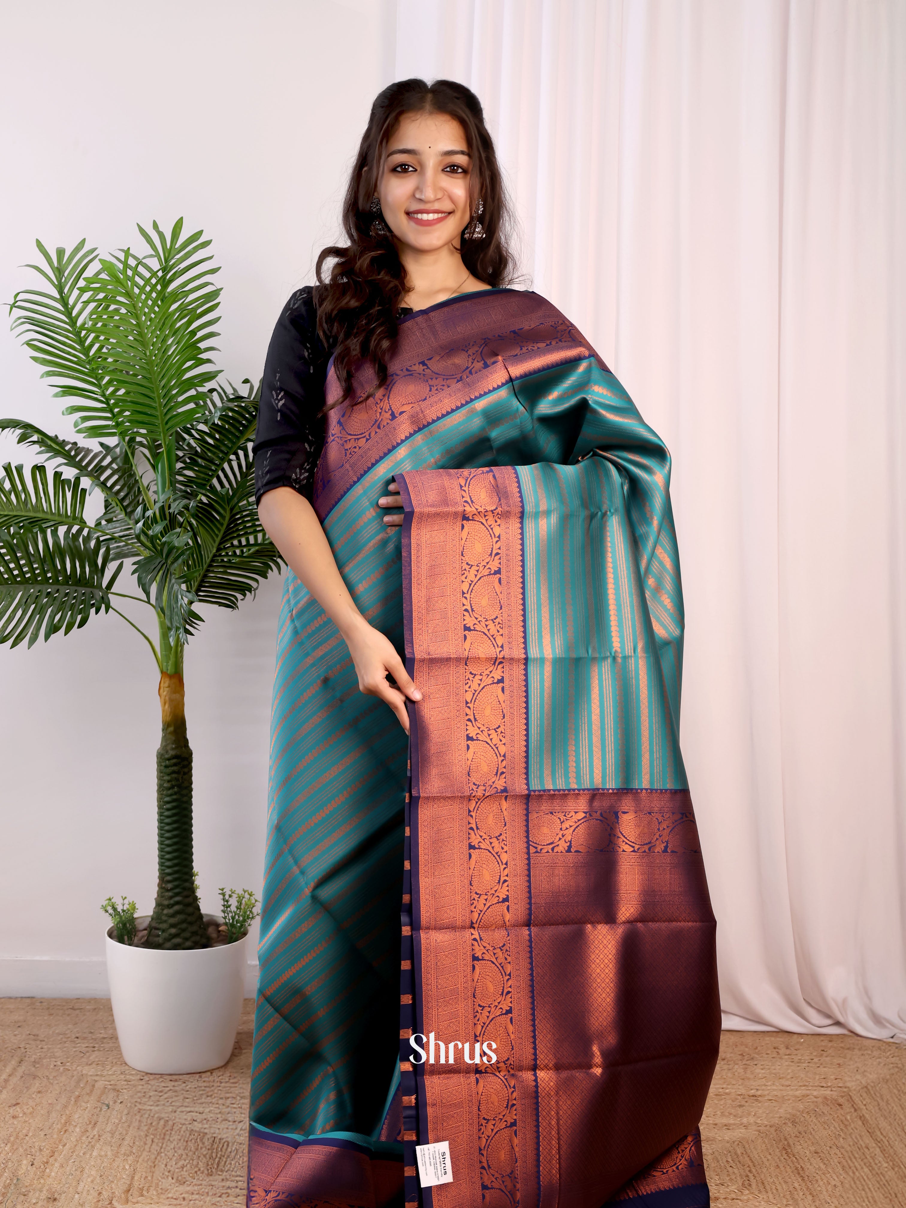 Teal & Blue - Semi Arani Silk Saree - Shop on ShrusEternity.com