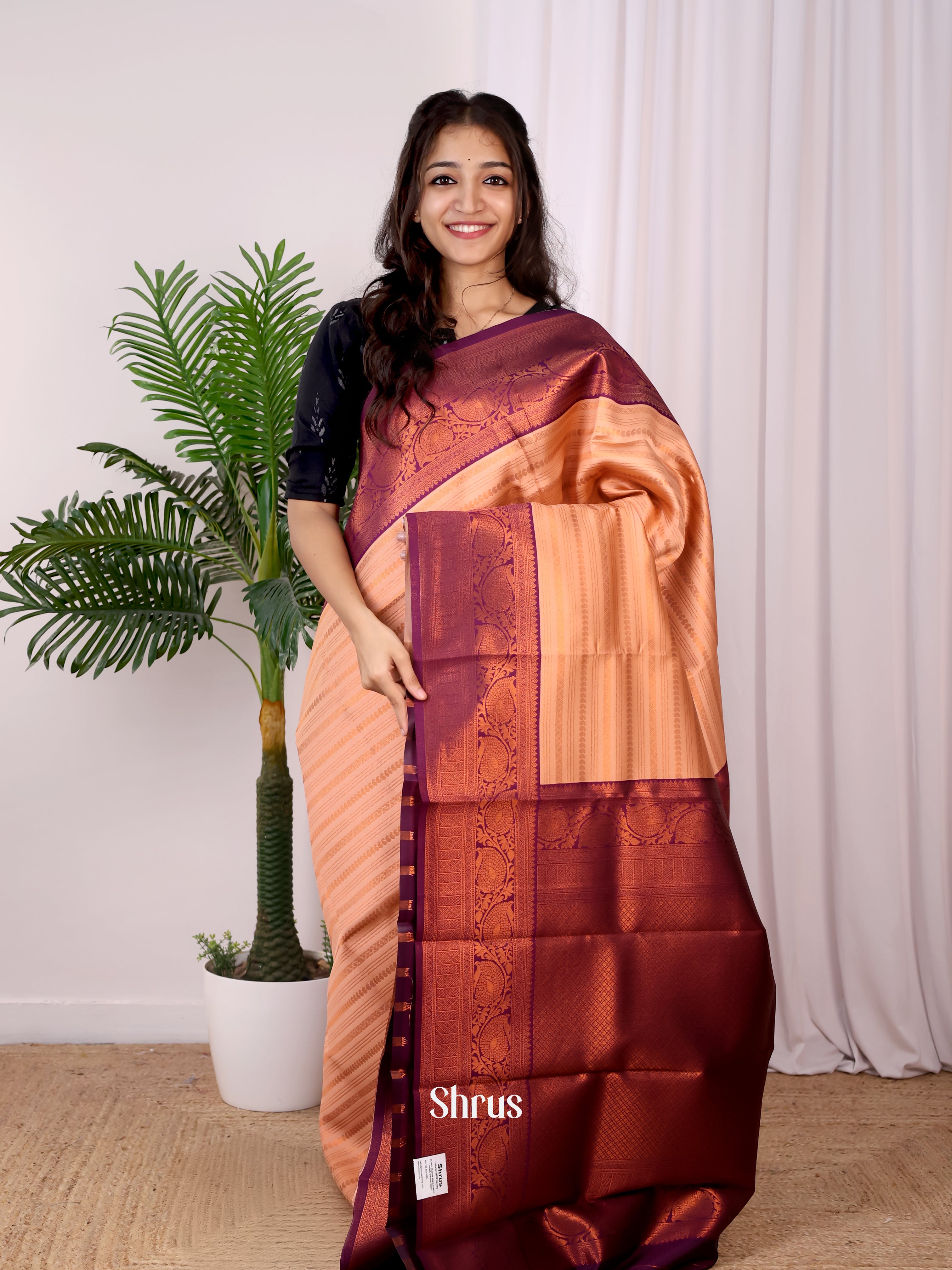 Peach & Purple - Semi Arani Silk Saree - Shop on ShrusEternity.com