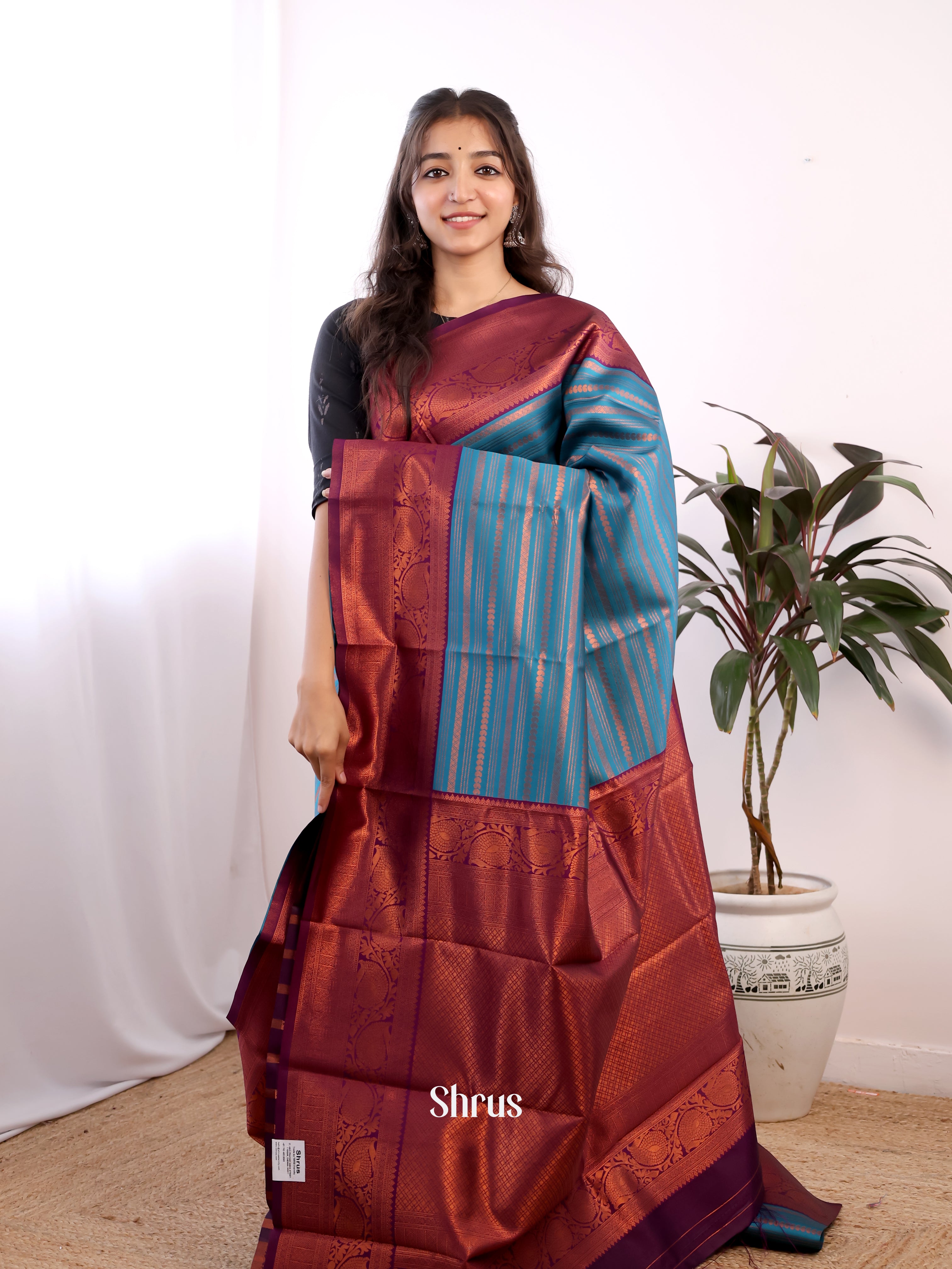 Blue - Semi Arani Silk Saree - Shop on ShrusEternity.com