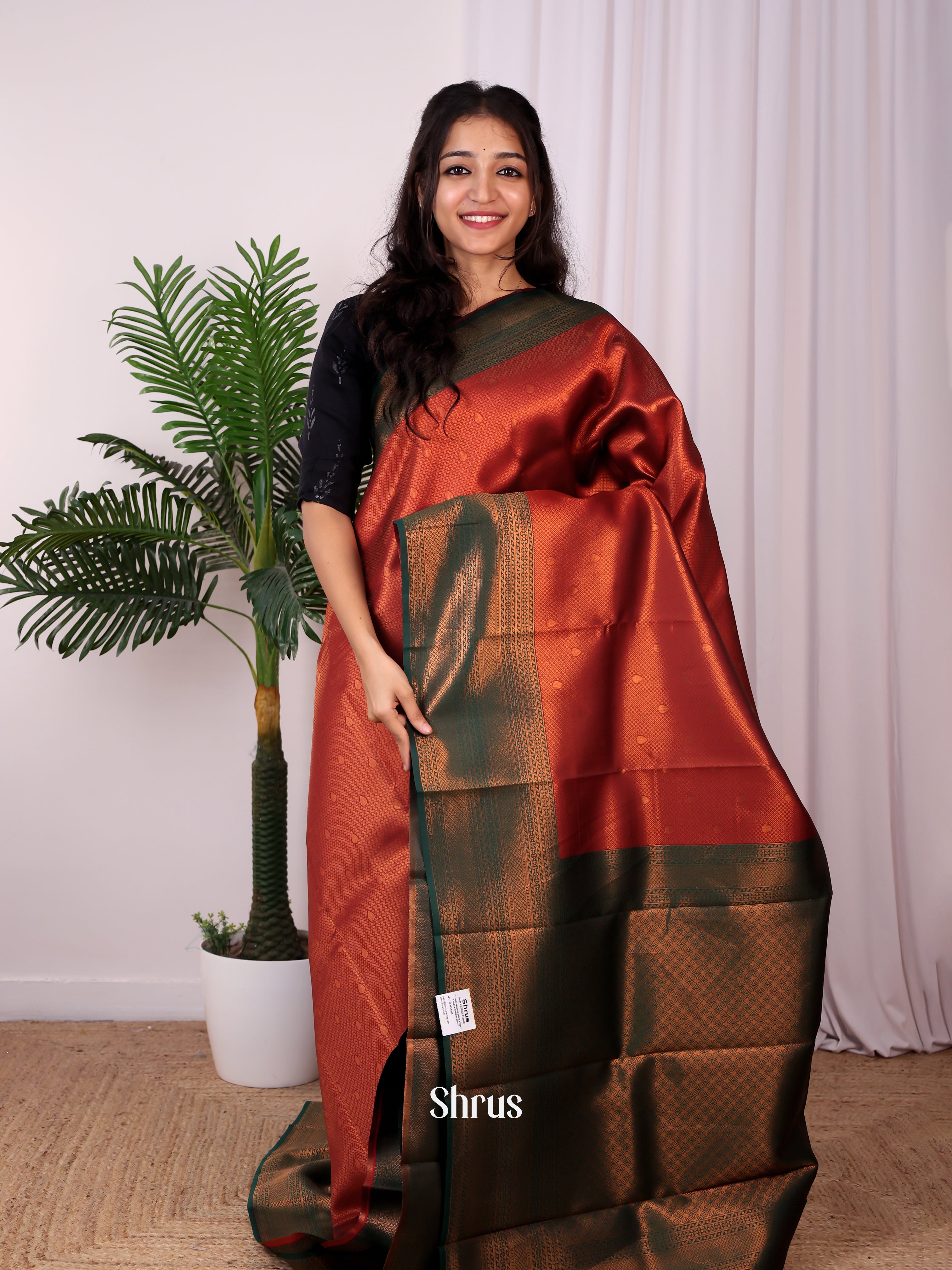 Maroon & Green - Semi Arani Silk Saree - Shop on ShrusEternity.com