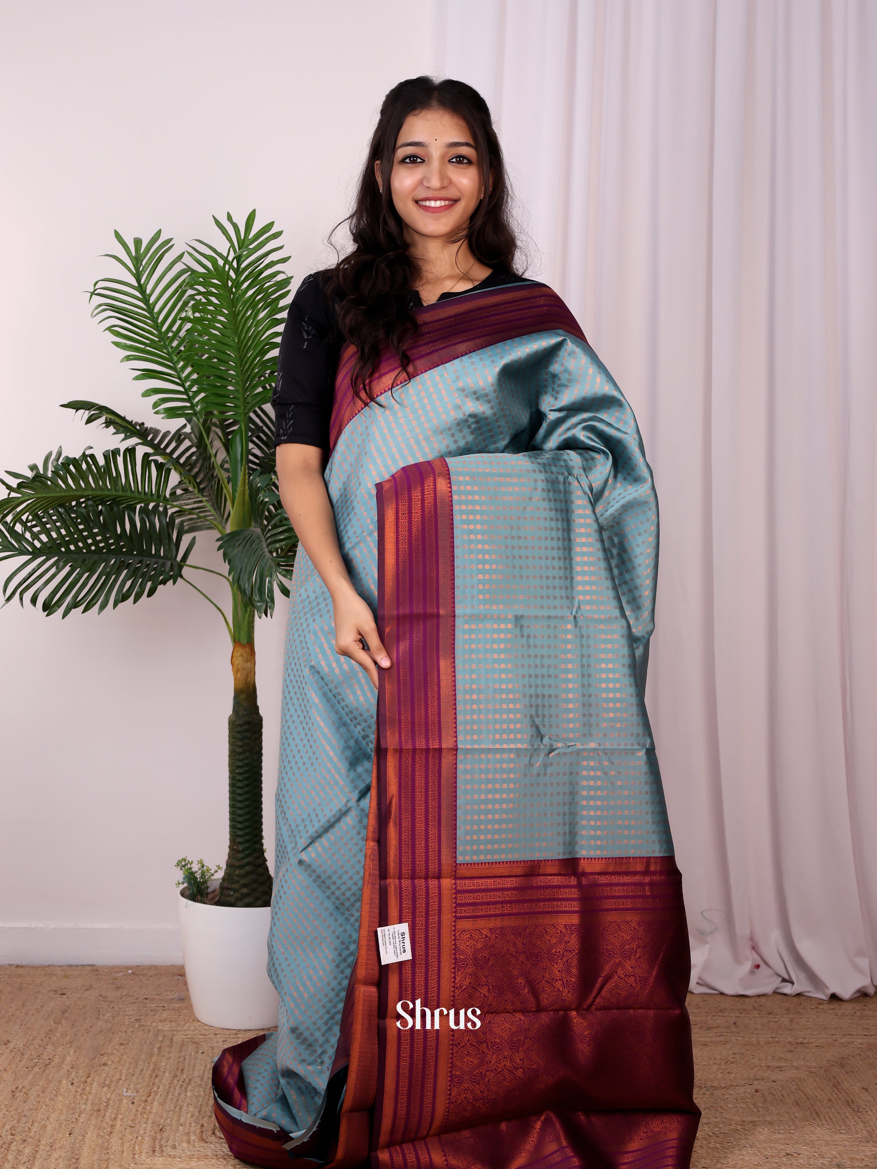 Blue & Wine - Semi Arani Silk Saree - Shop on Shrus.com
