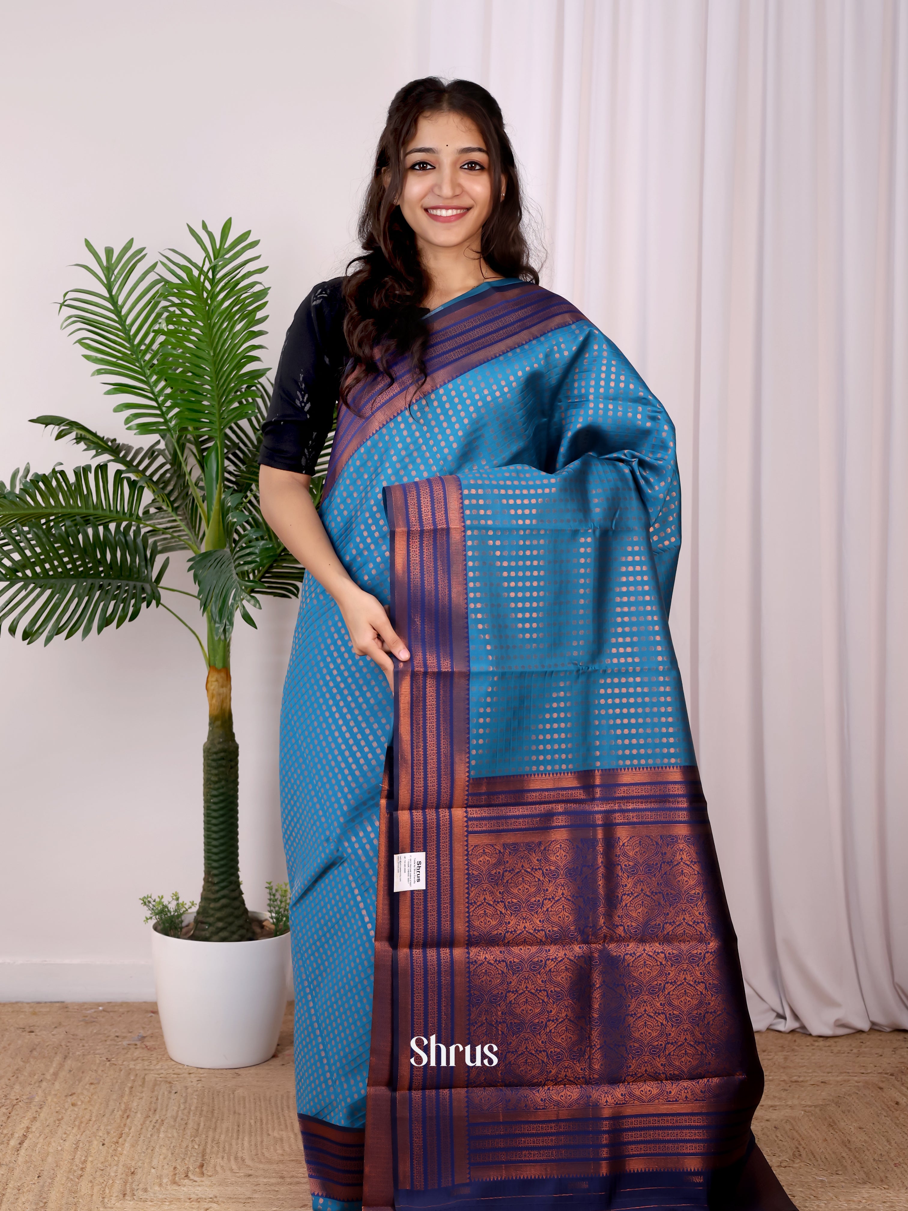 Teal & Blue- Semi Arani Silk Saree - Shop on Shrus.com