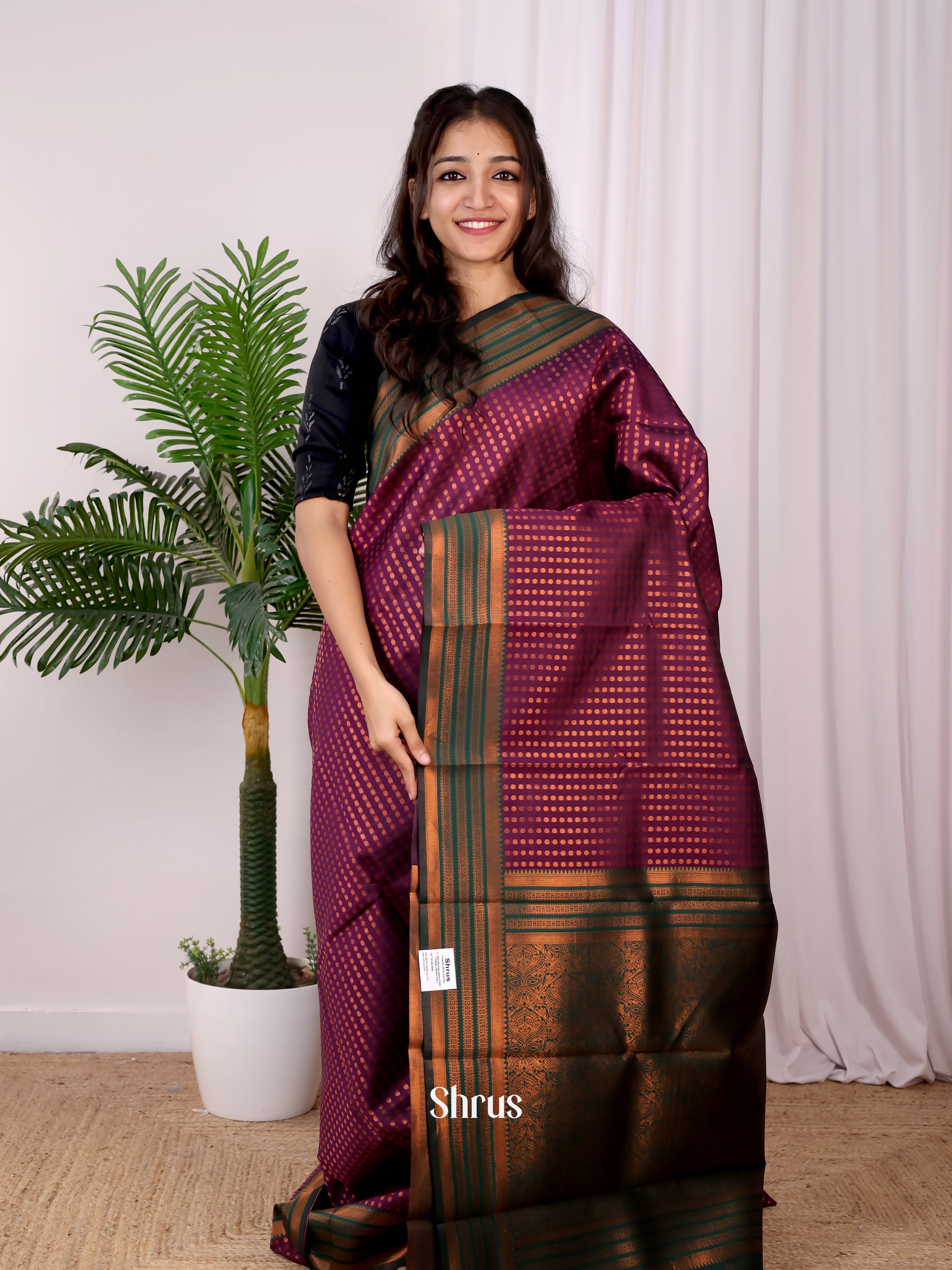 Wine & Green - Semi Arani Silk Saree - Shop on Shrus.com
