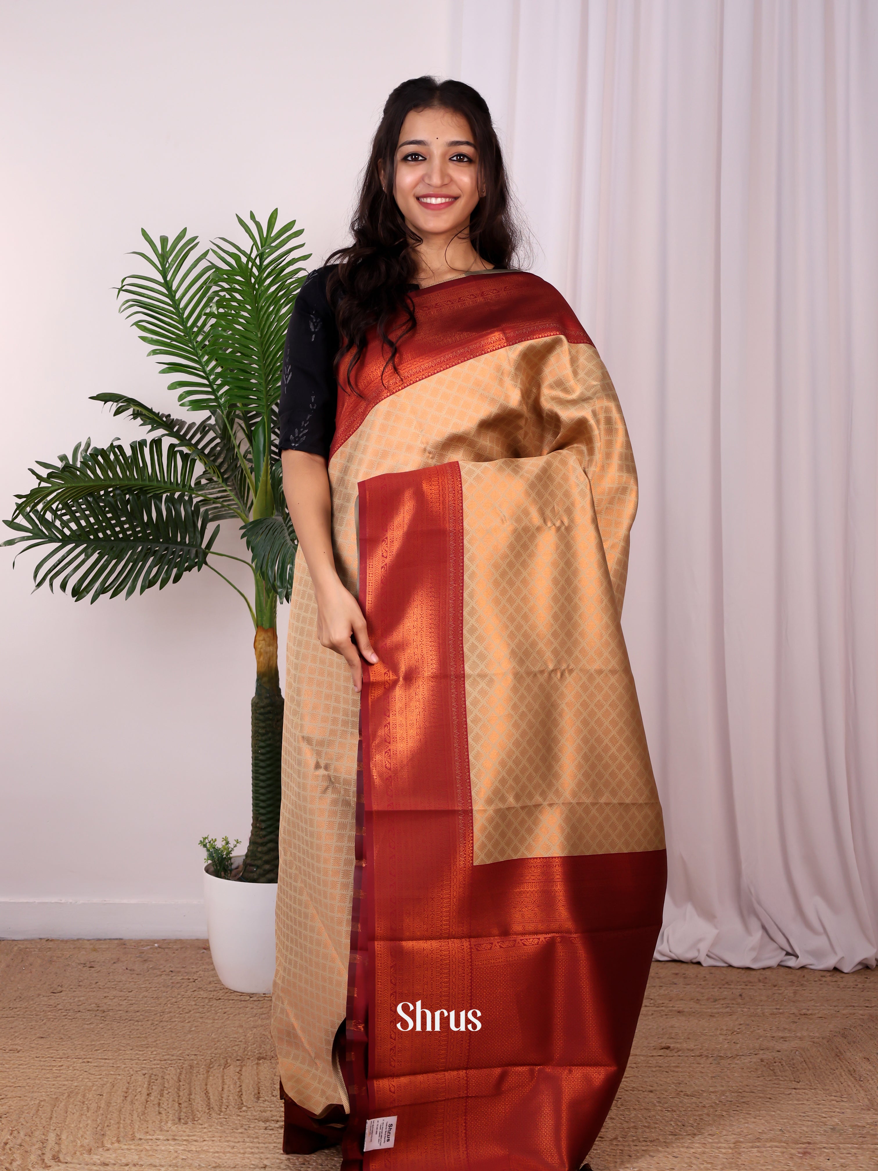 Beige & Maroon- Semi Arani Silk Saree - Shop on Shrus.com