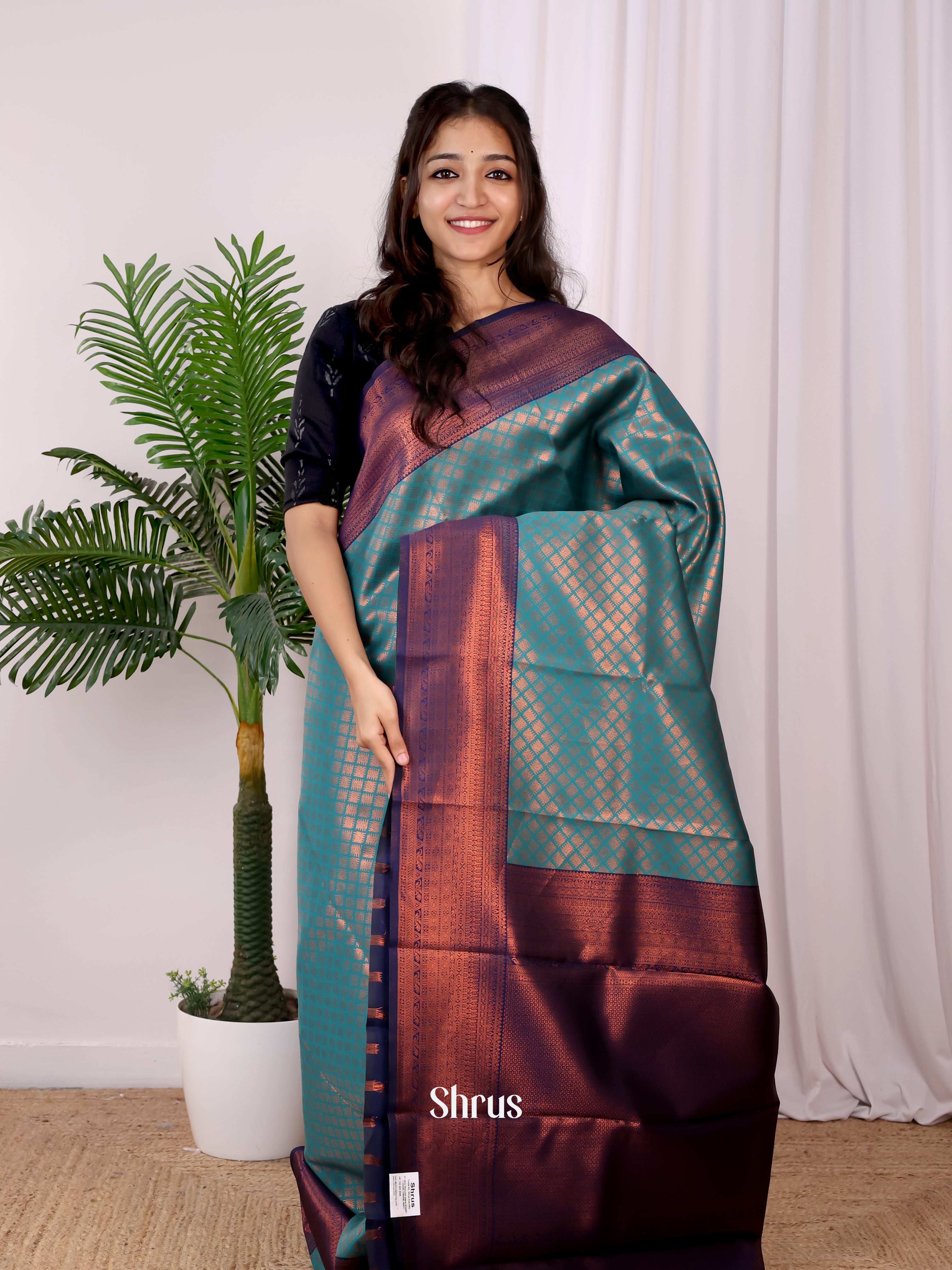 Teal & Blue - Semi Arani Silk Saree - Shop on Shrus.com