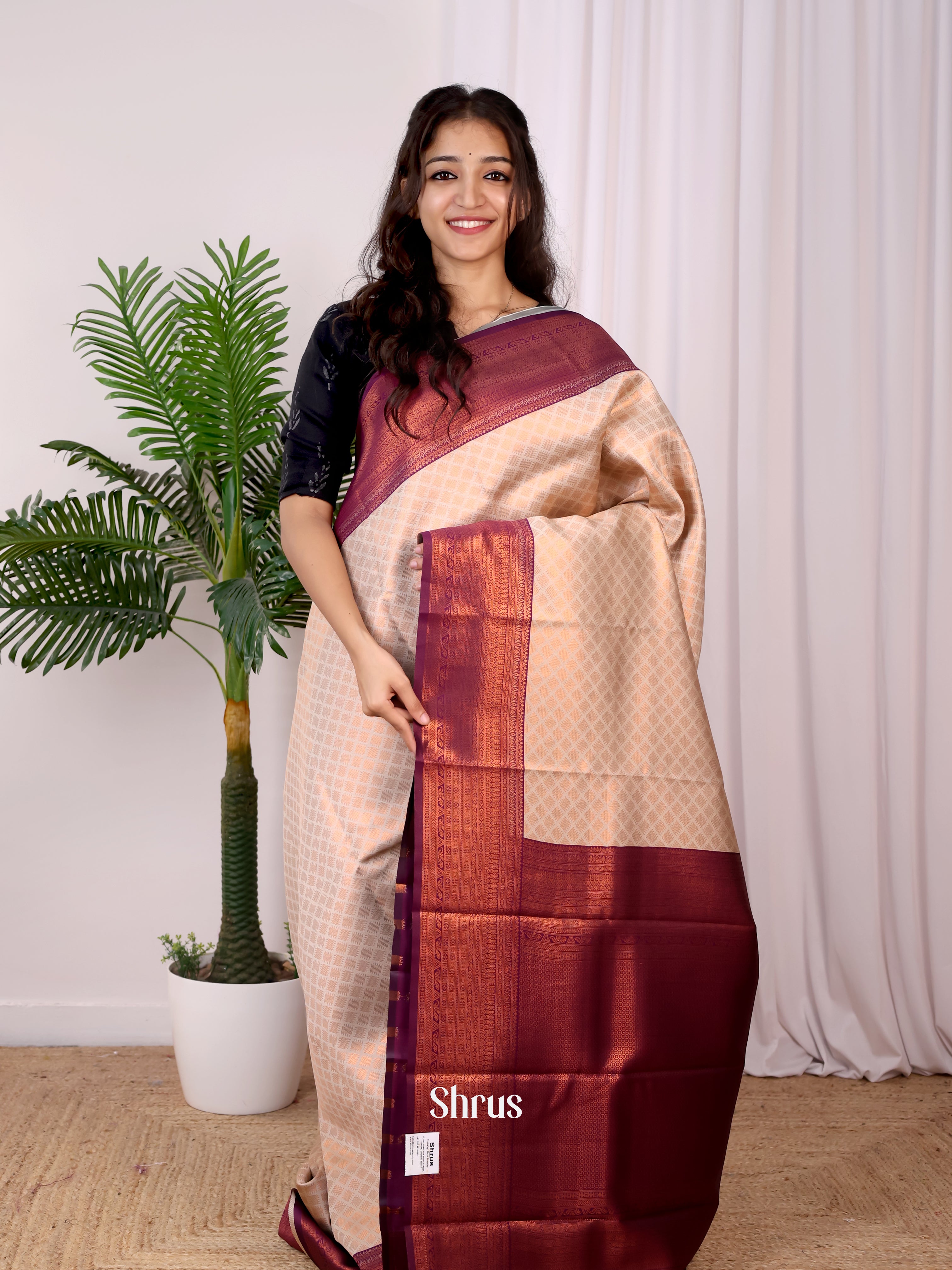 Cream & Purple - Semi Arani Silk Saree - Shop on Shrus.com