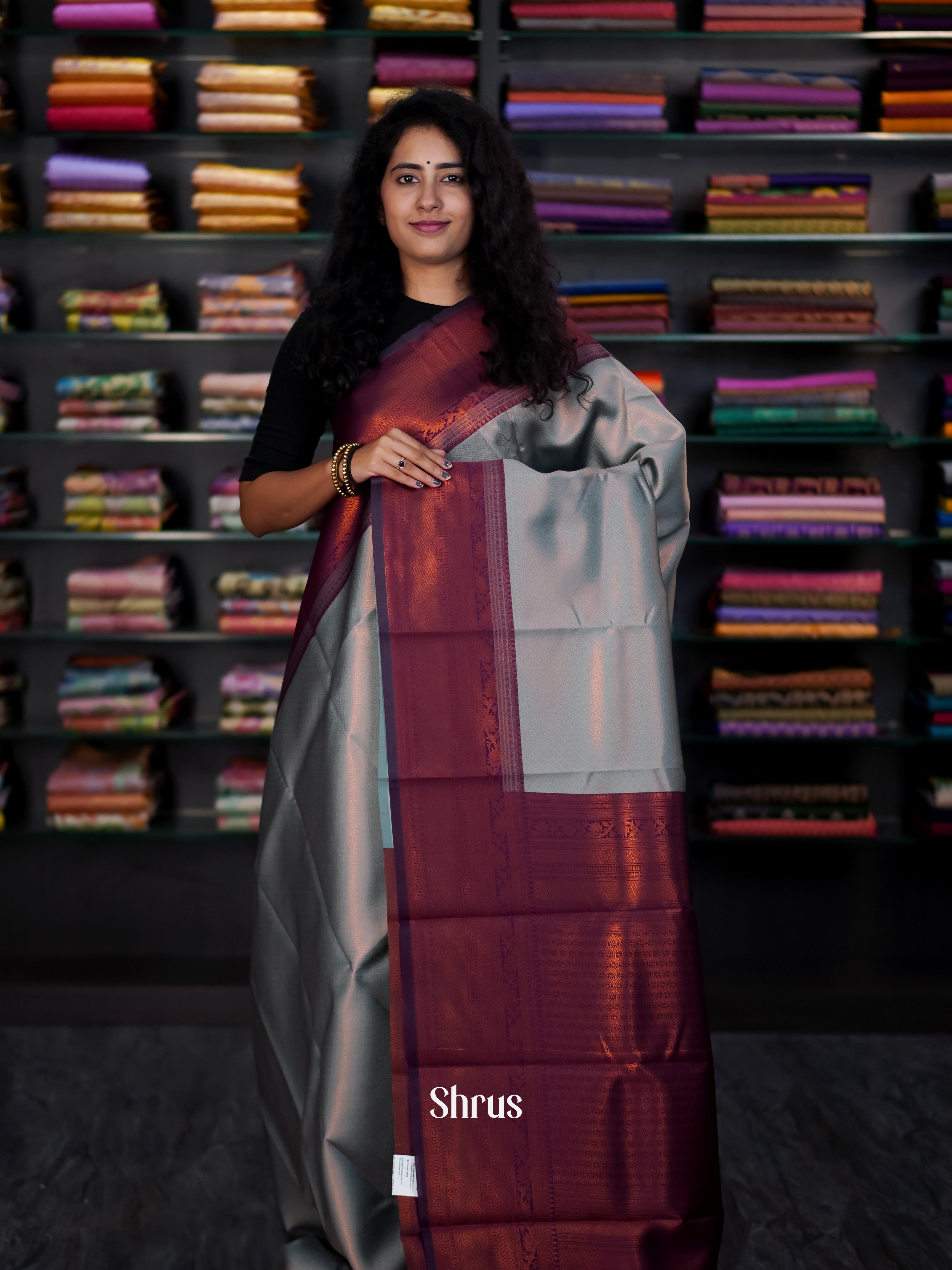 Grey & Maroon - Semi Arani Silk Saree - Shop on Shrus.com