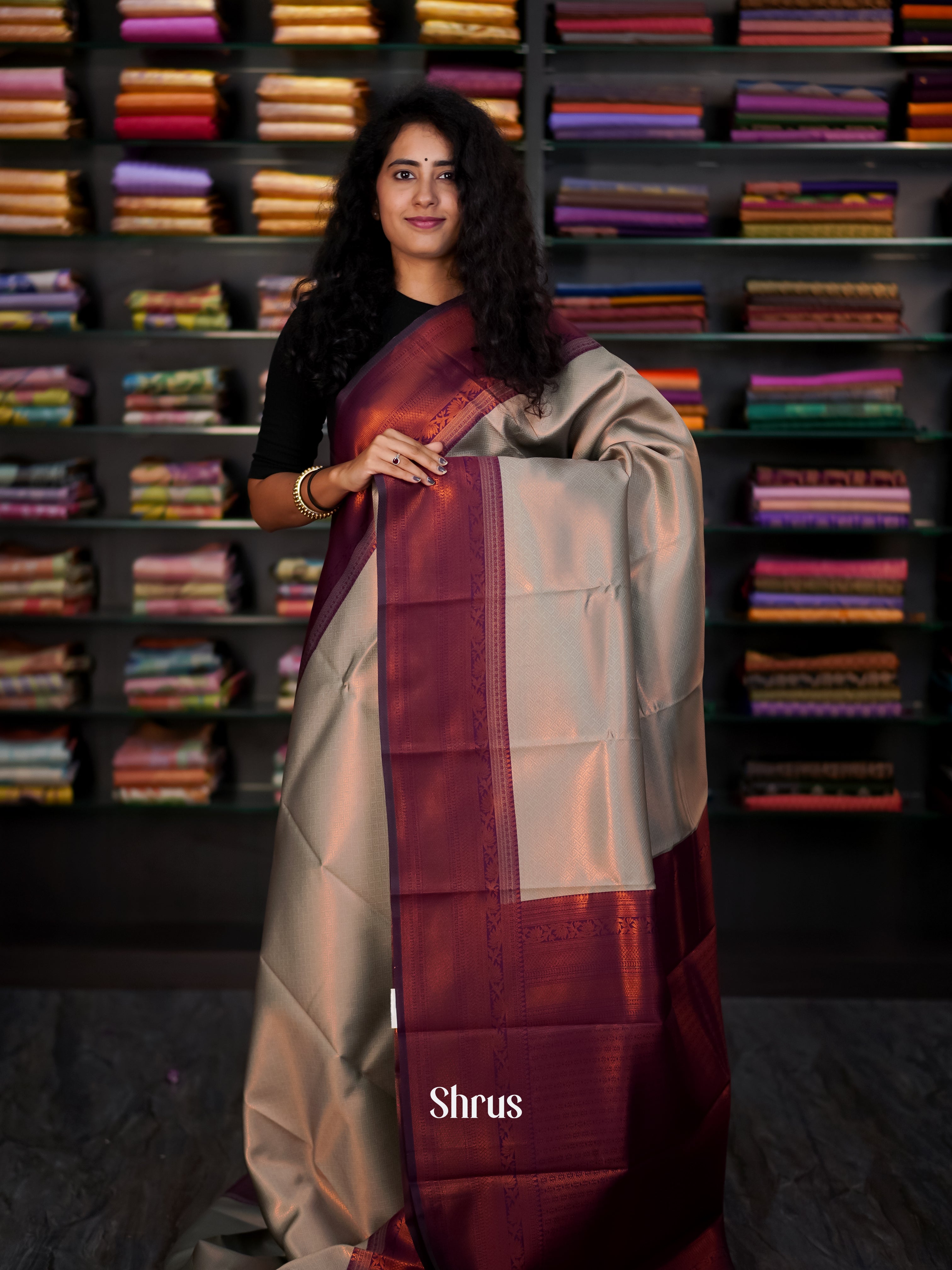 Grey & Maroon- Semi Arani Silk Saree - Shop on Shrus.com