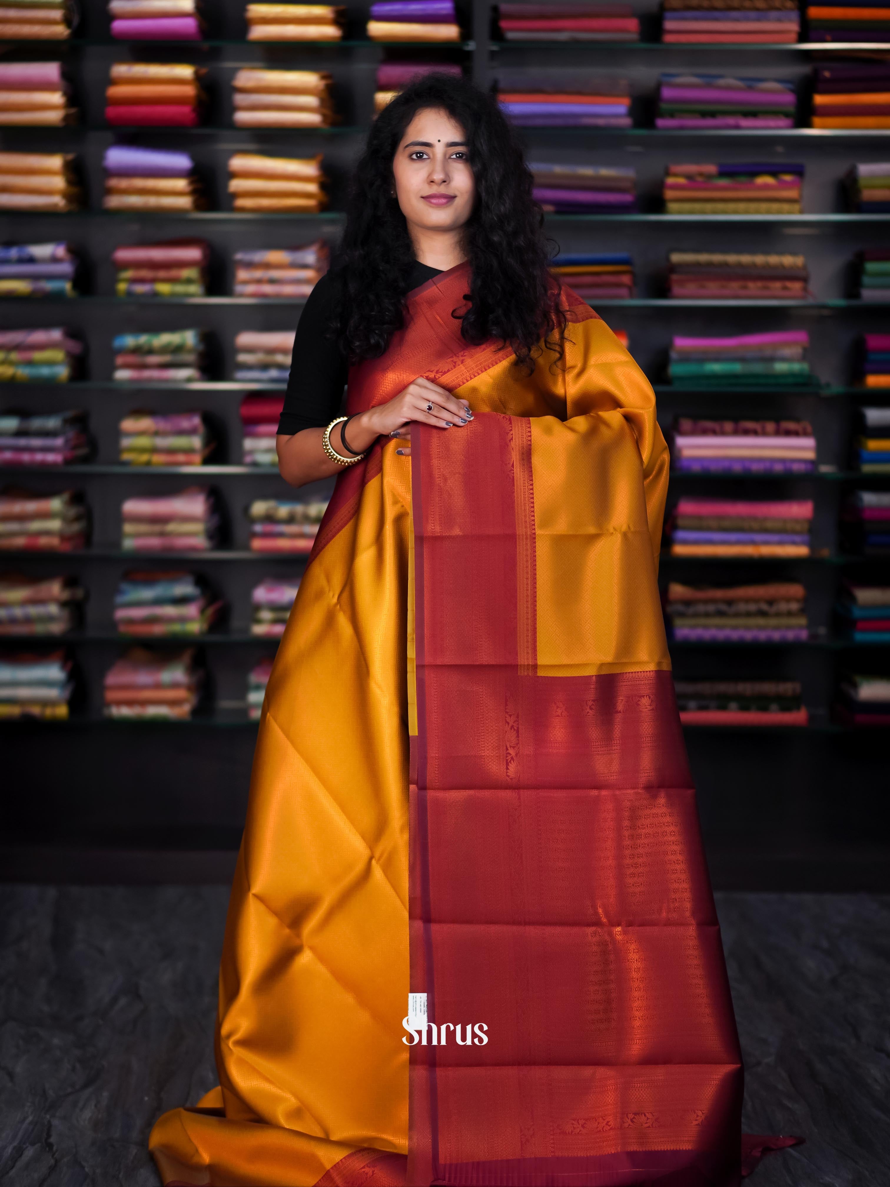 Golden Brown & Maroon - Semi Arani Silk Saree - Shop on Shrus.com