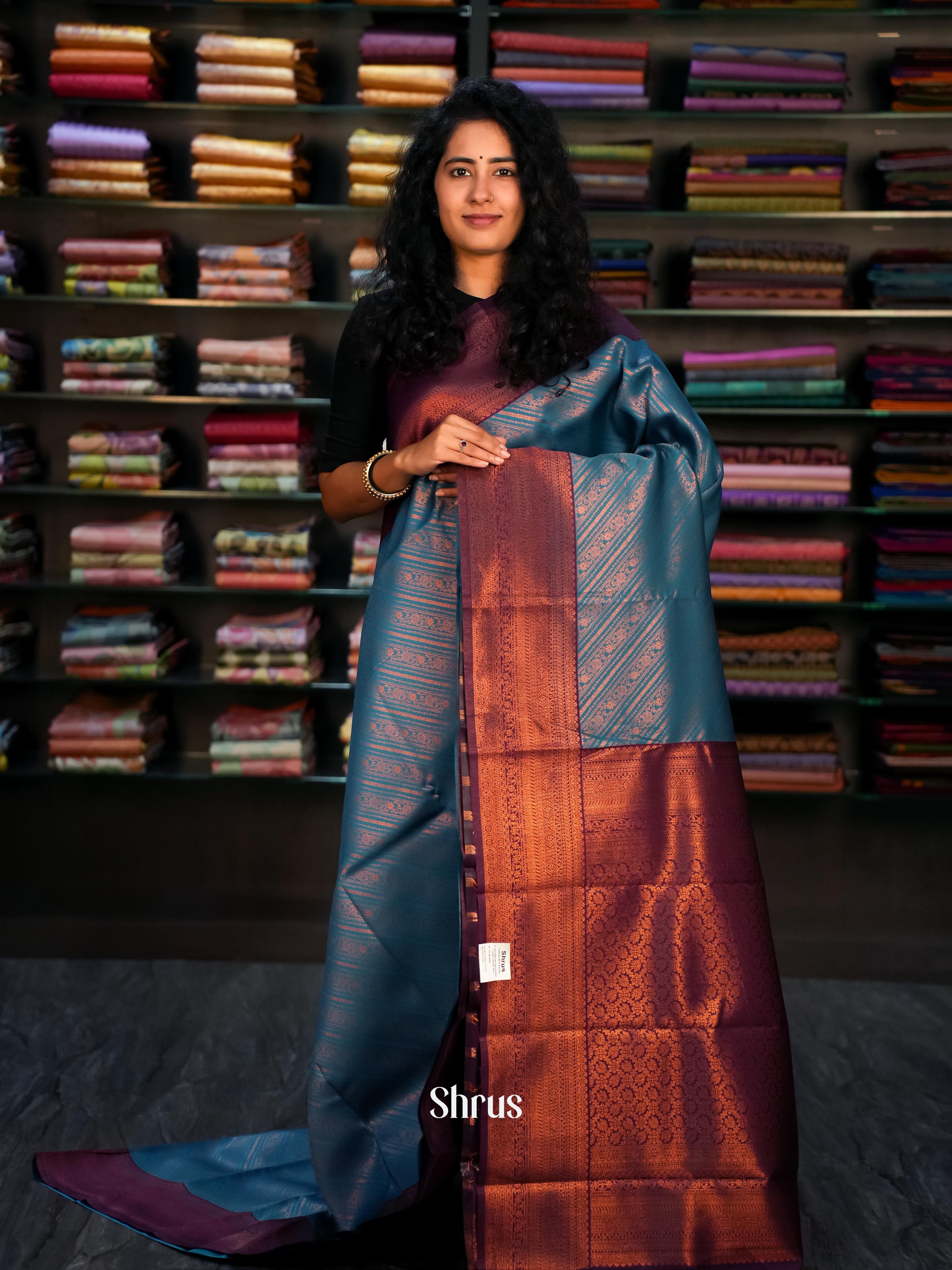 Blue & Purple- Semi Arani Silk Saree - Shop on Shrus.com
