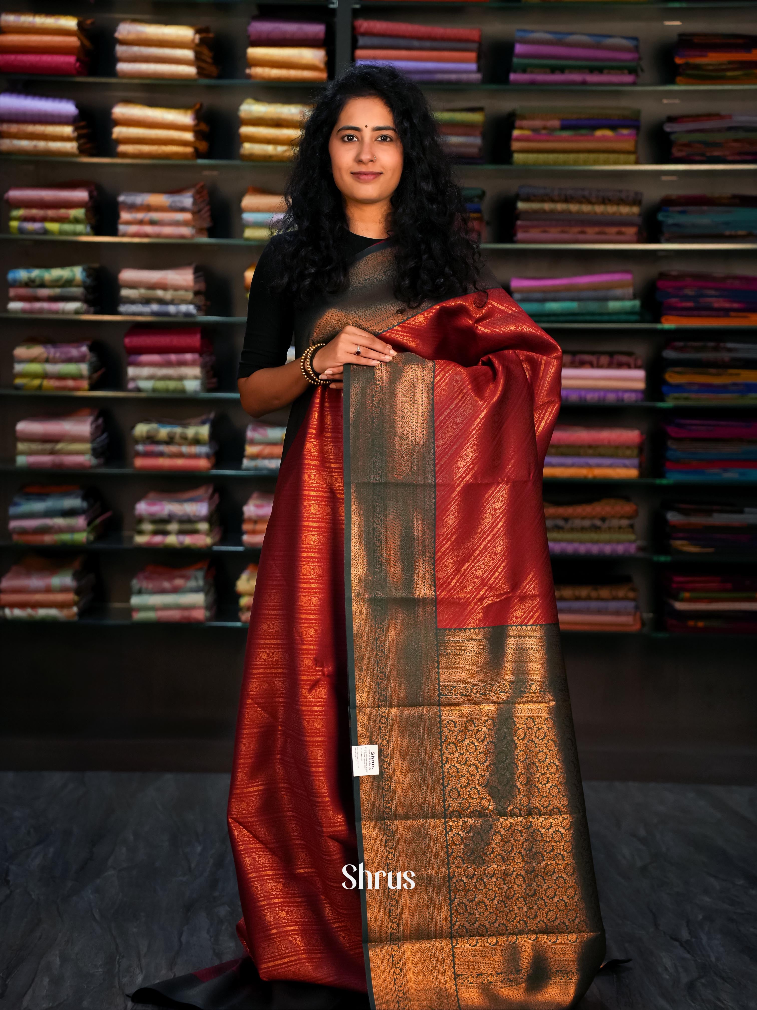 Maroon & Green- Semi Arani Silk Saree - Shop on Shrus.com