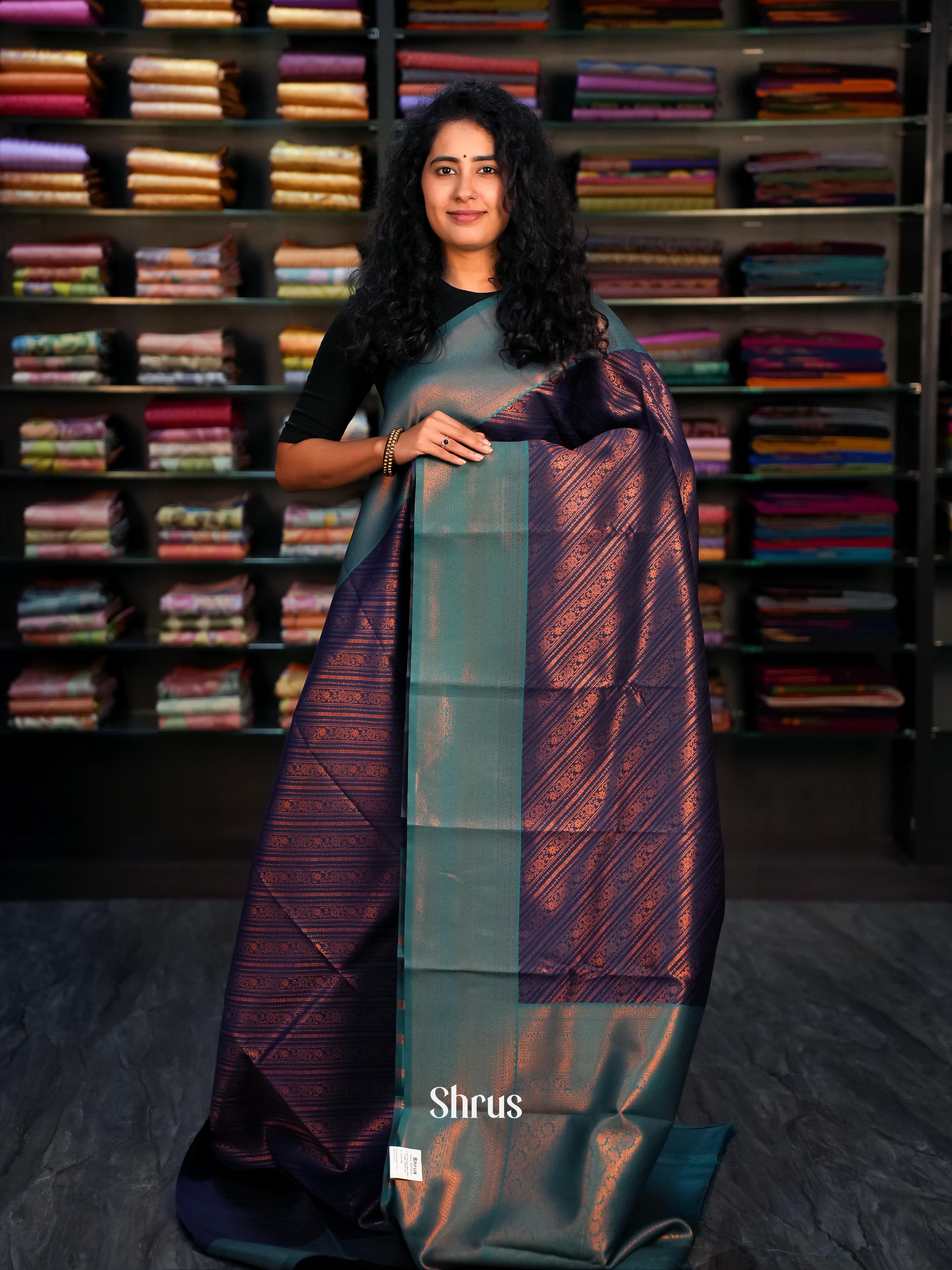 Blue & Teal- Semi Arani Silk Saree - Shop on Shrus.com