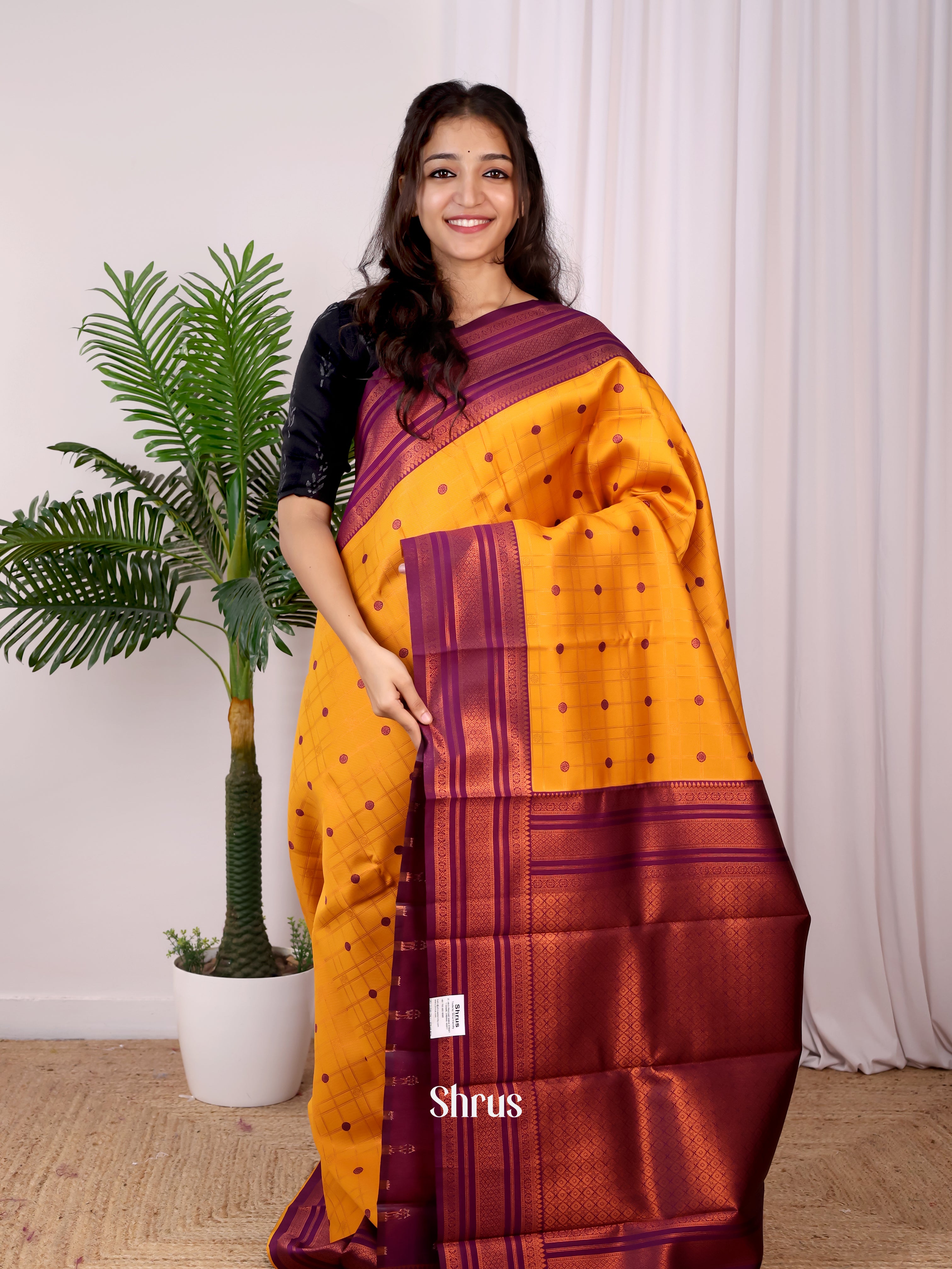 Mustard & purple - Semi Arani Silk Saree - Shop on Shrus.com