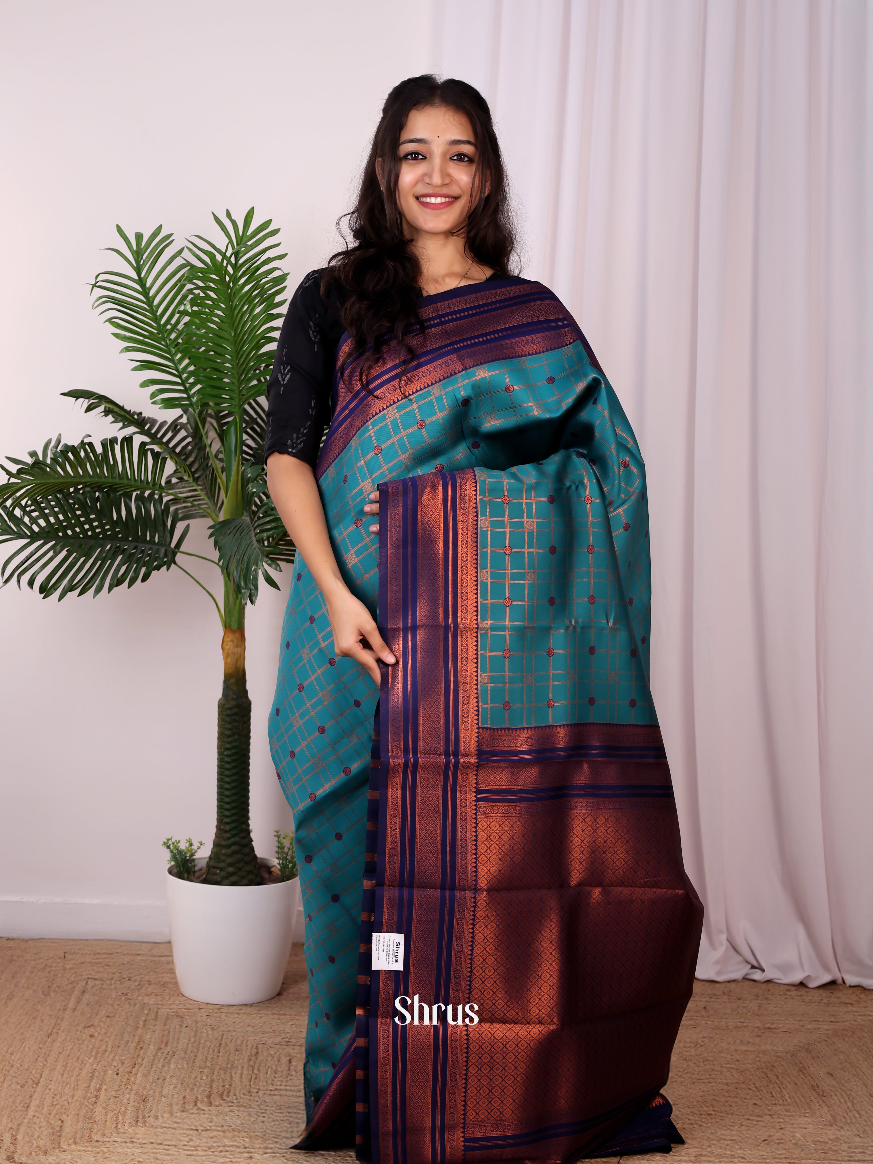 Teal & Blue - Semi Arani Silk Saree - Shop on Shrus.com