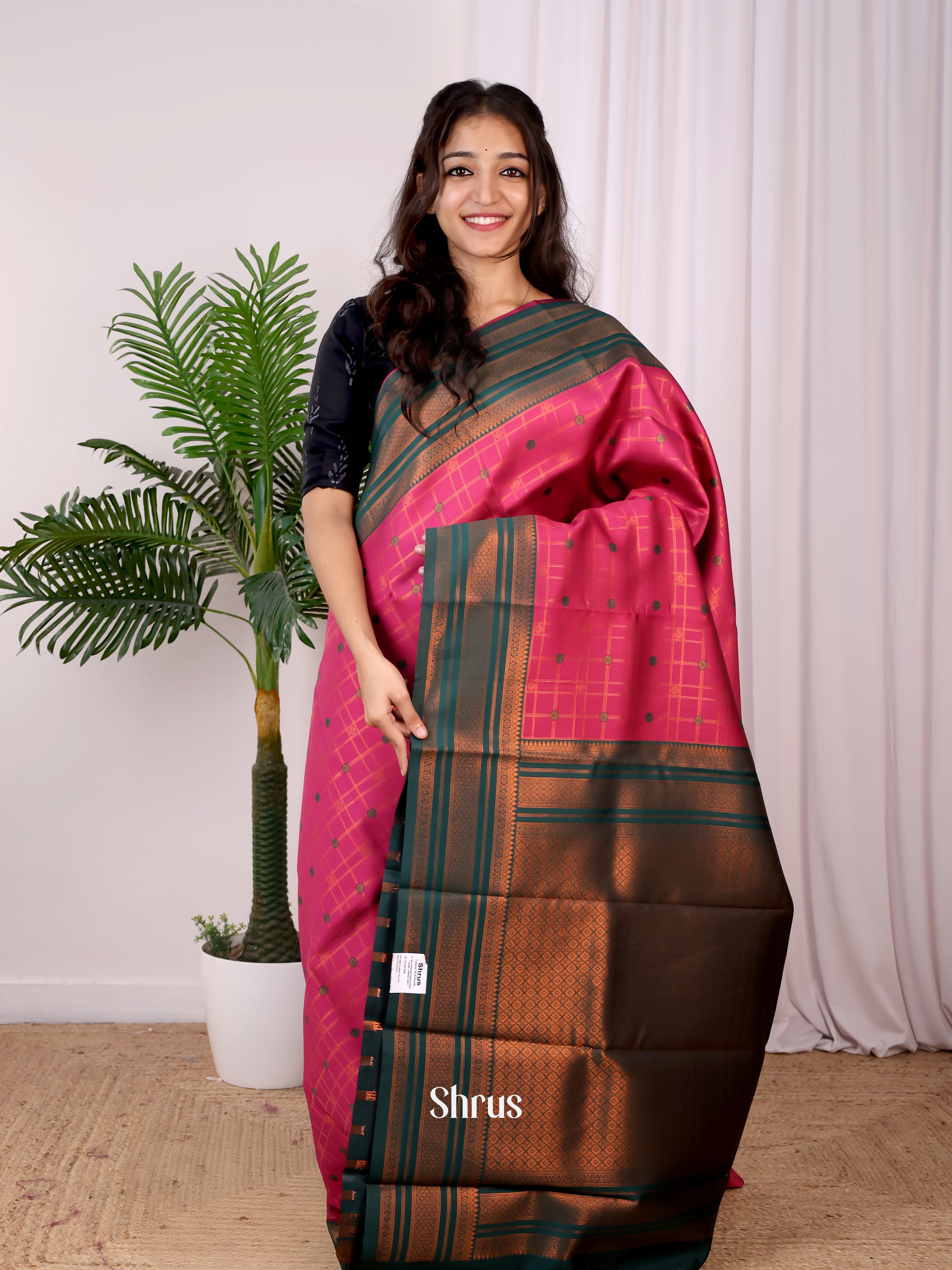Pink & Green - Semi Arani Silk Saree - Shop on Shrus.com
