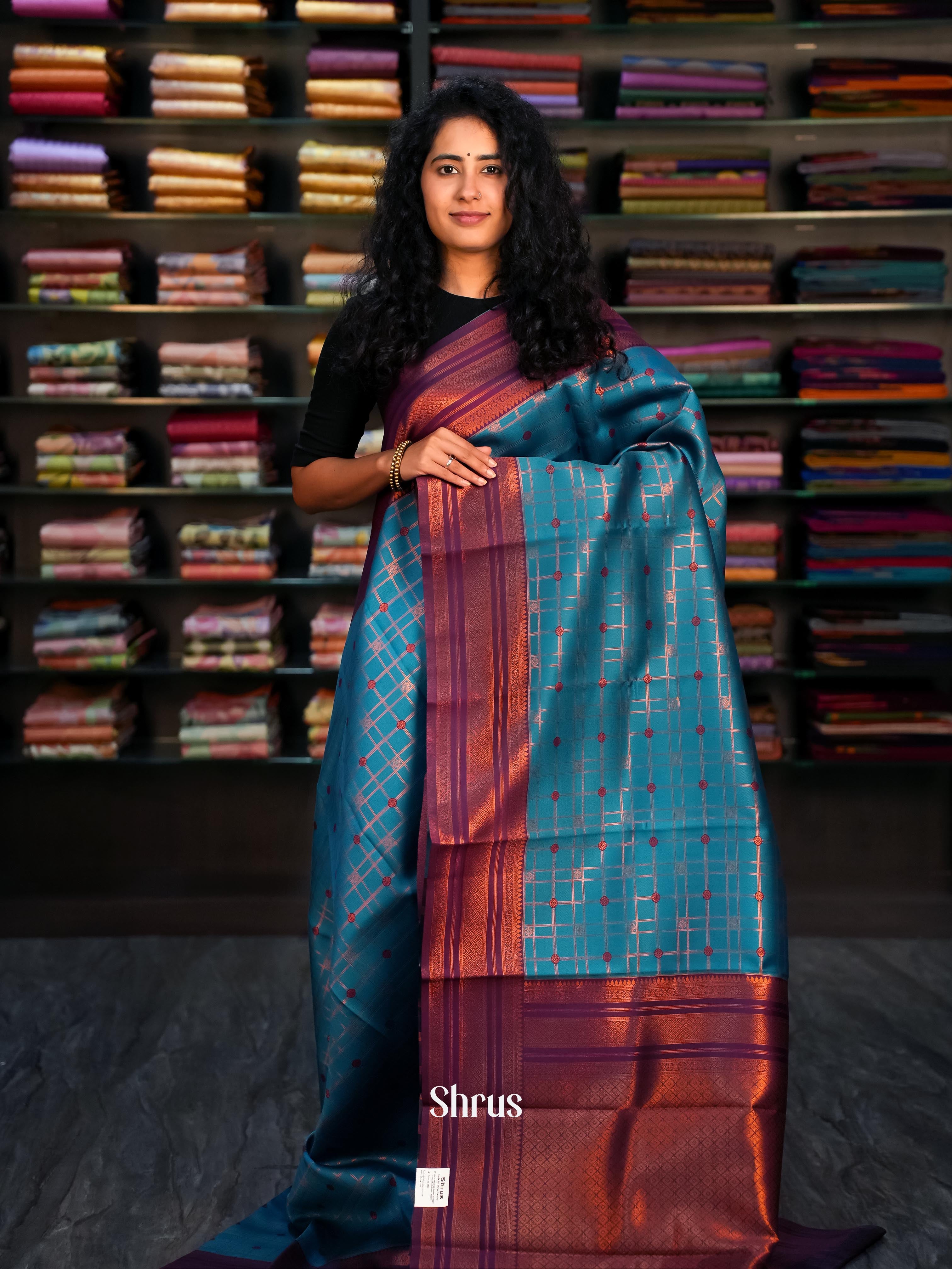 Blue & Purple- Semi Arani Silk Saree - Shop on Shrus.com