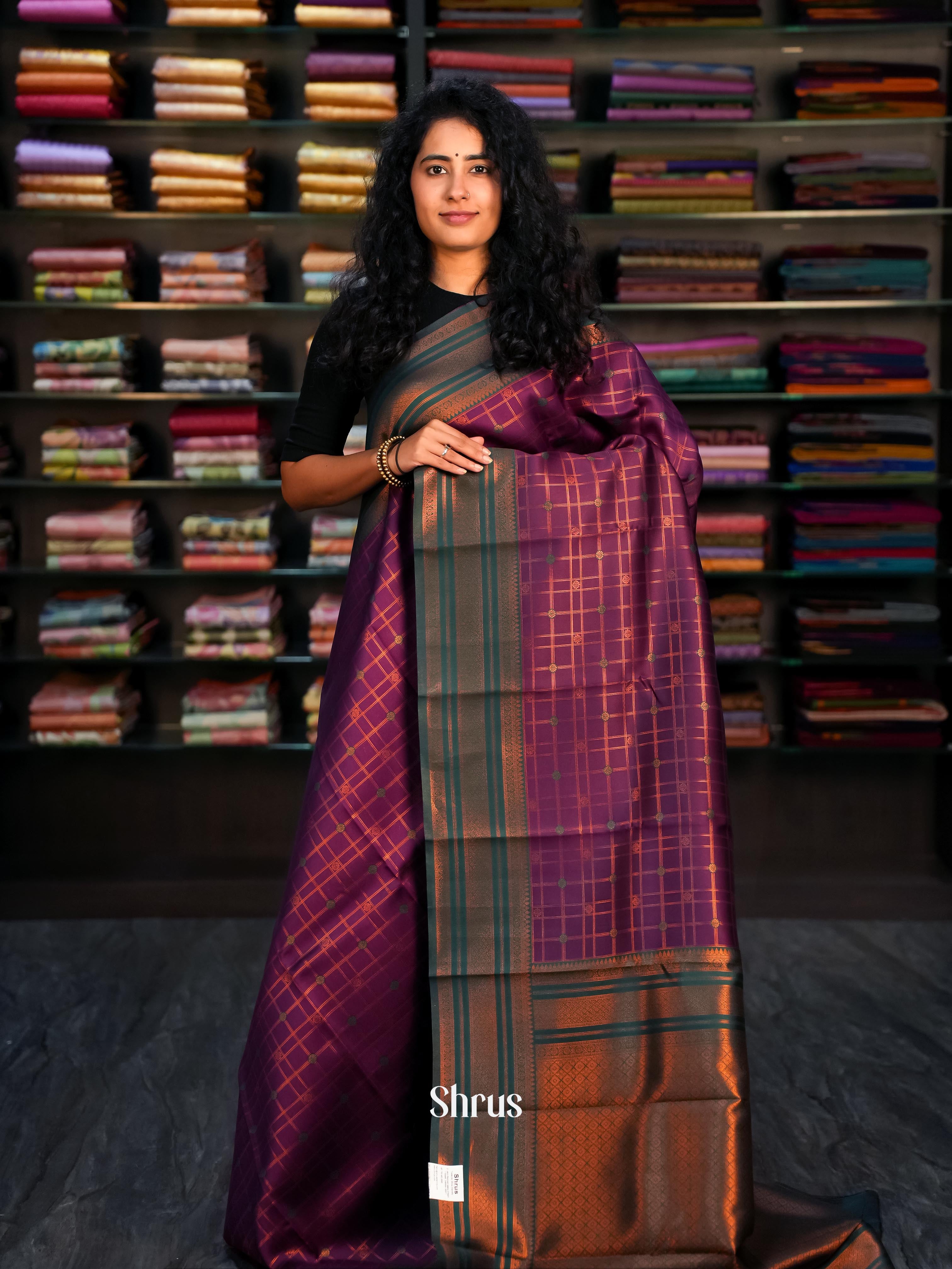 Purple & Green- Semi Arani Silk Saree - Shop on Shrus.com