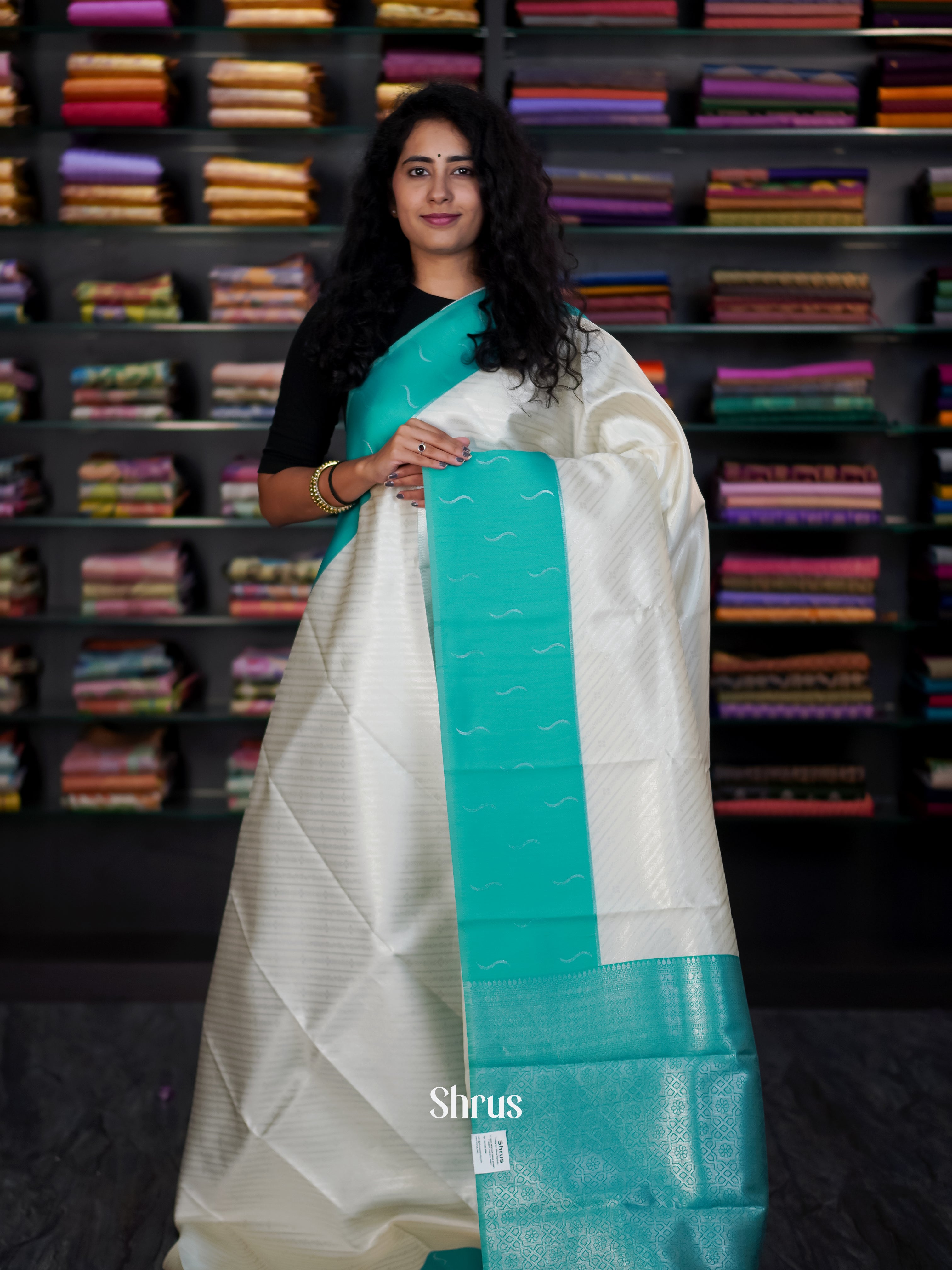 Cream & Teal - Semi Arani Silk Saree - Shop on Shrus.com