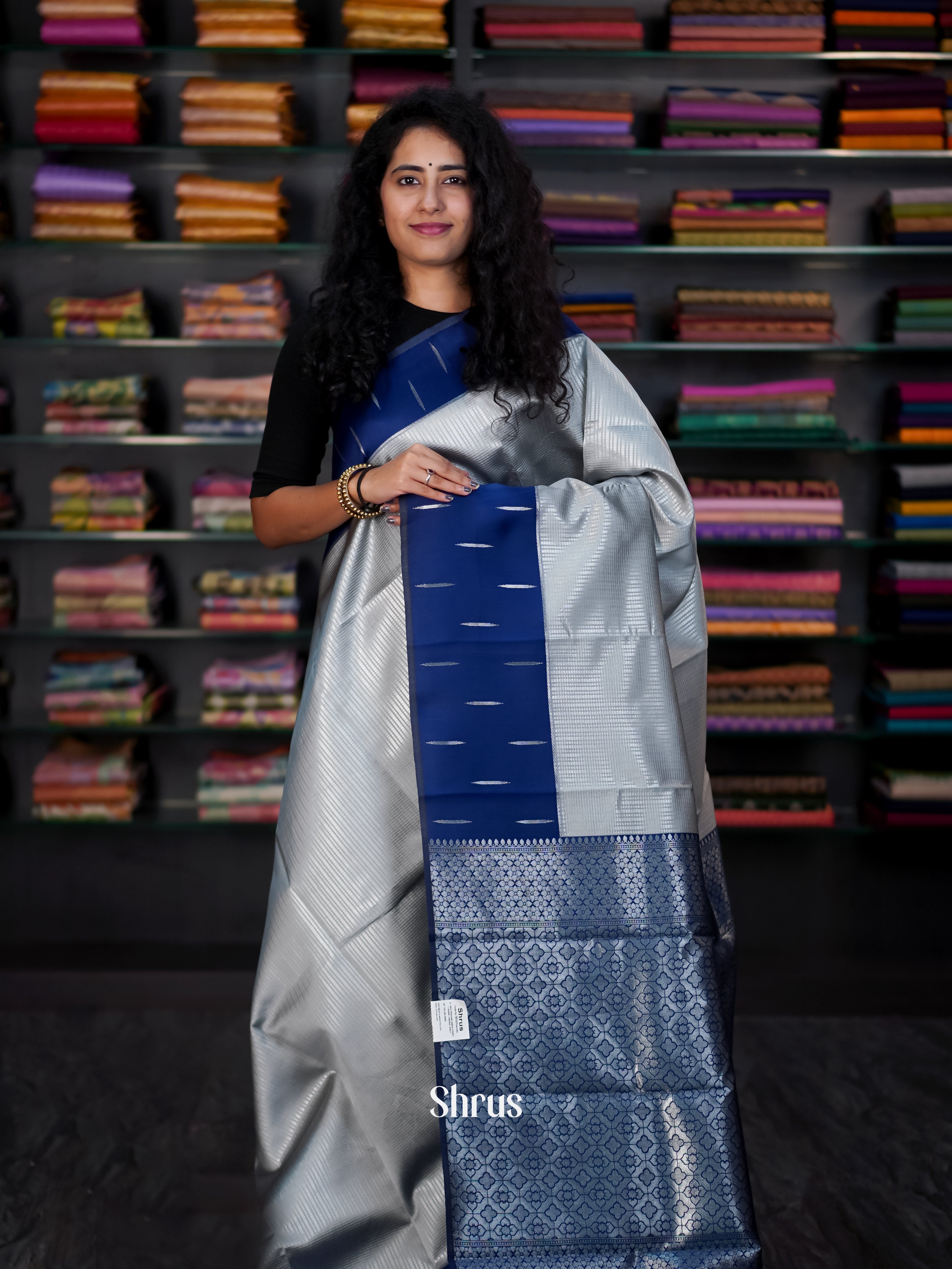 Grey & Blue - Semi Arani Silk Saree - Shop on Shrus.com