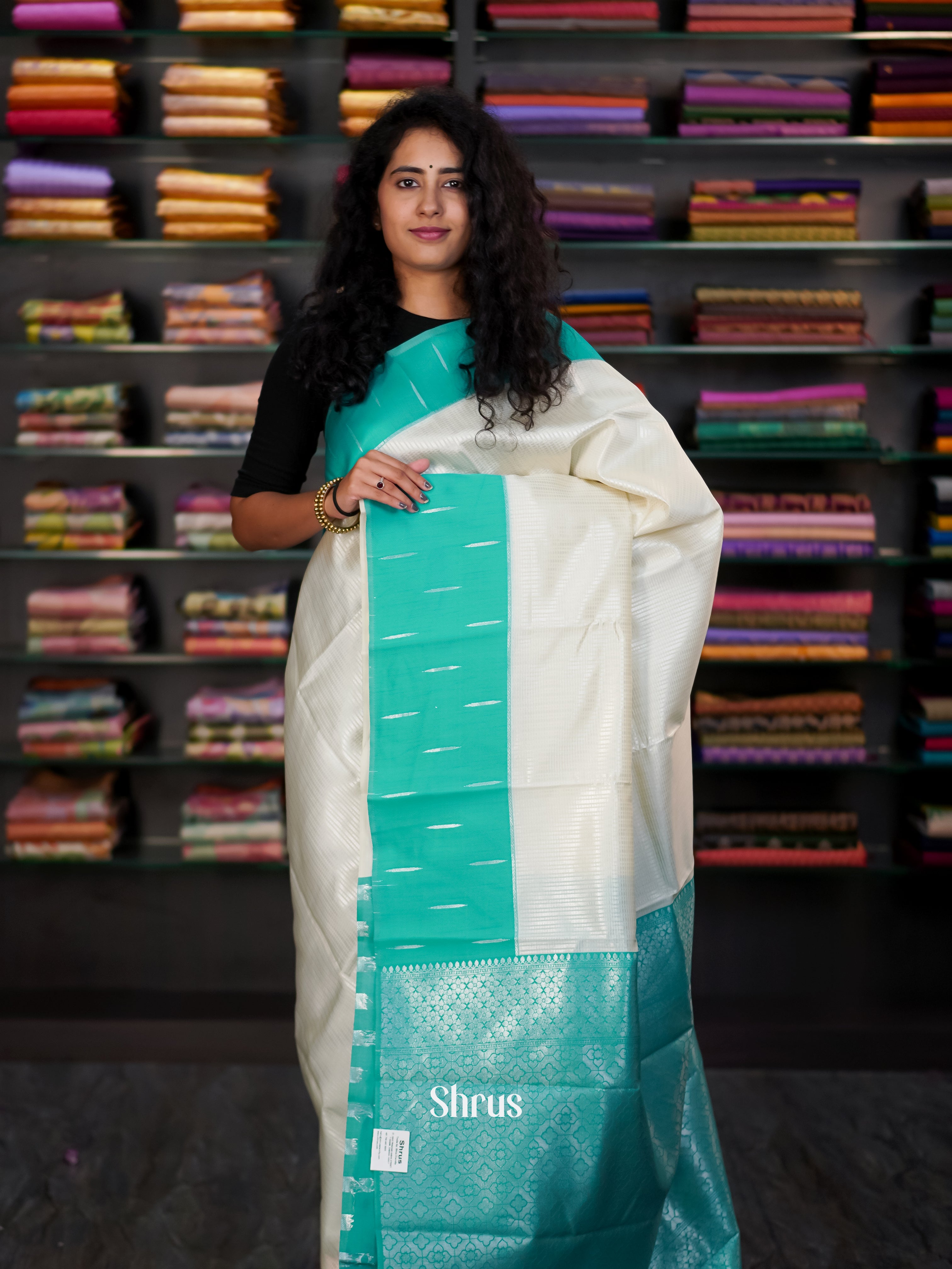 Cream & Teal - Semi Arani Silk Saree - Shop on Shrus.com