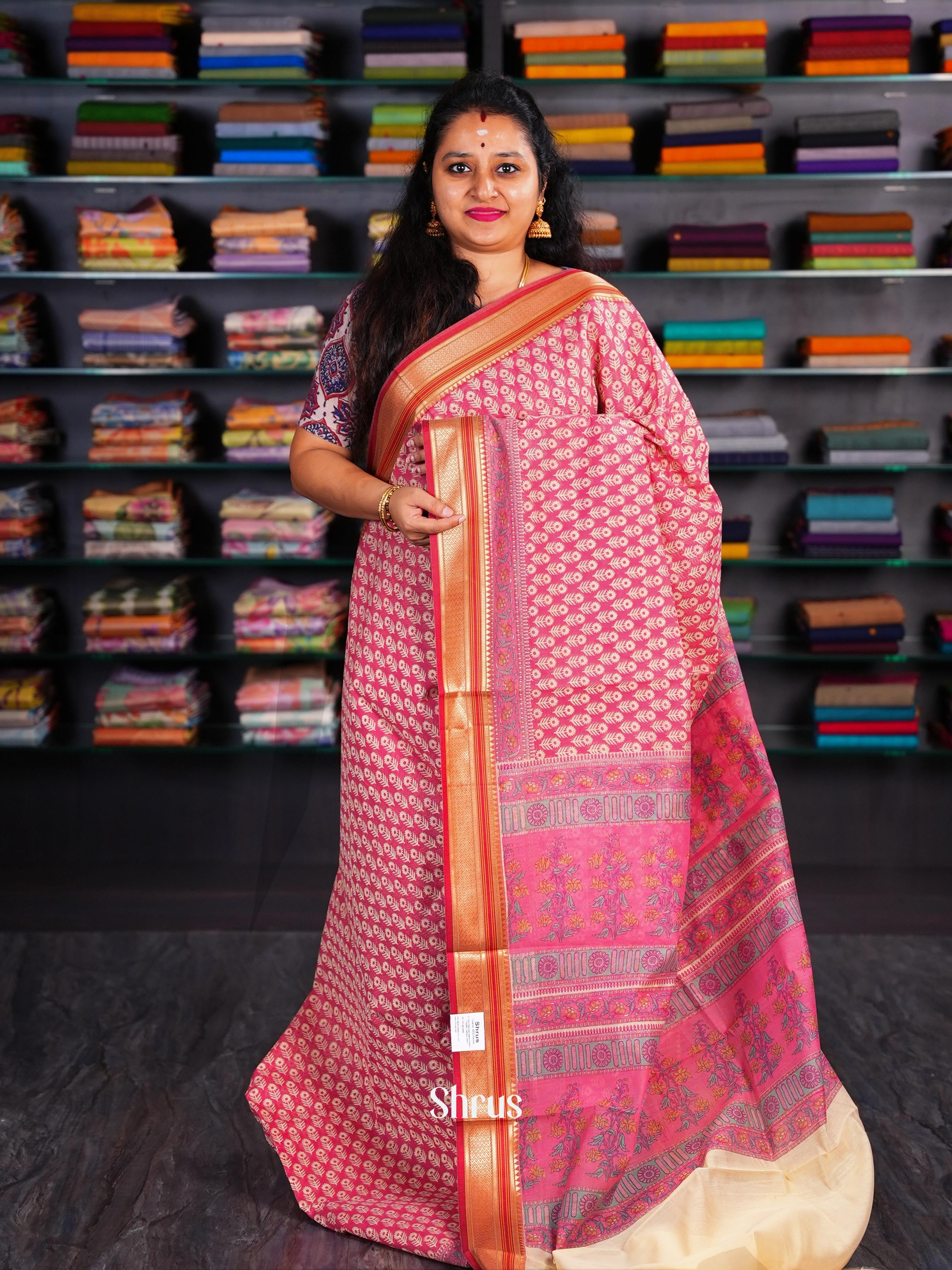 Pink & Cream - Semi Chanderi Saree - Shop on Shrus.com