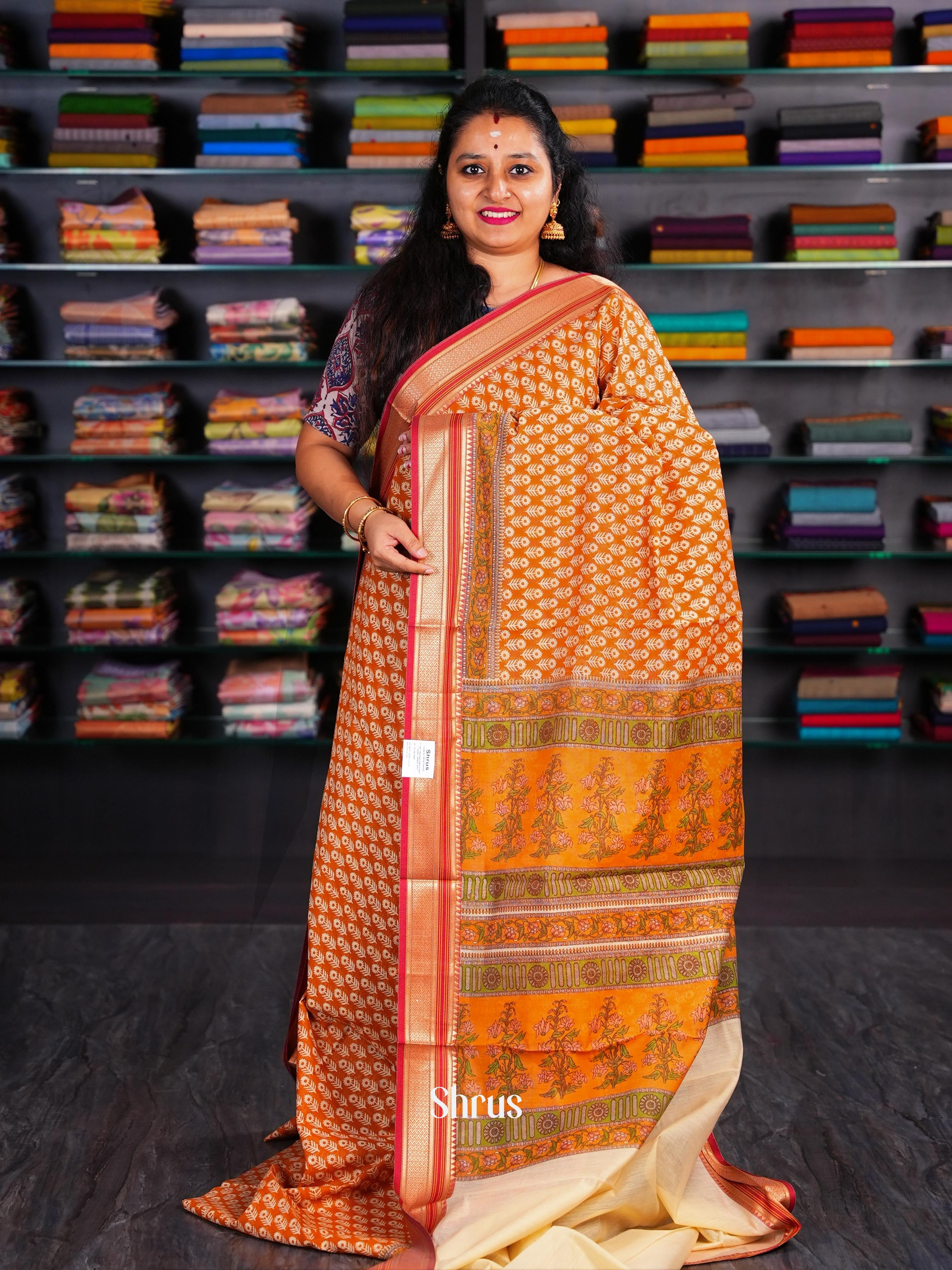 Orange & Cream - Semi Chanderi Saree - Shop on Shrus.com