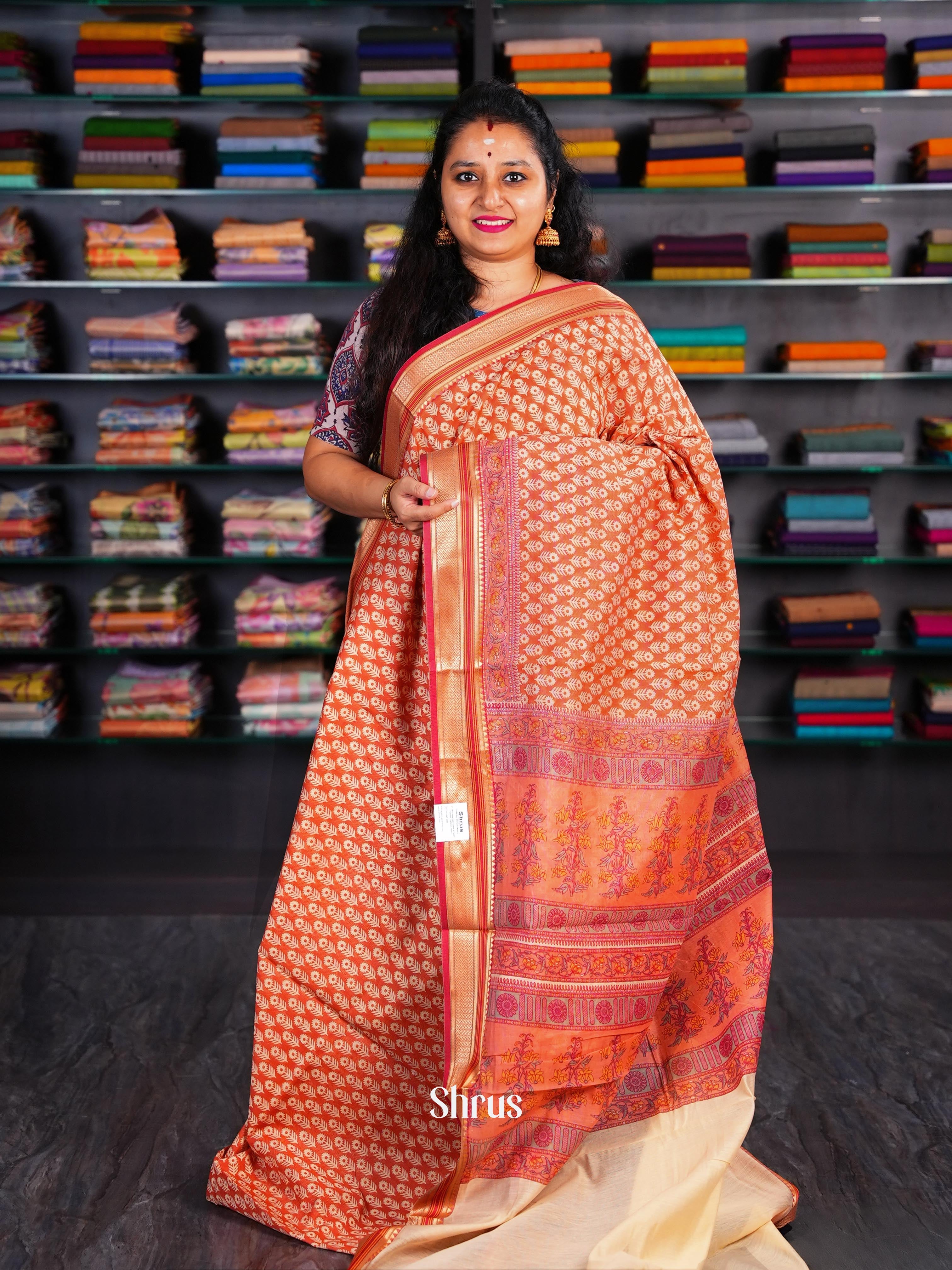 Orange & Cream - Semi Chanderi Saree - Shop on Shrus.com
