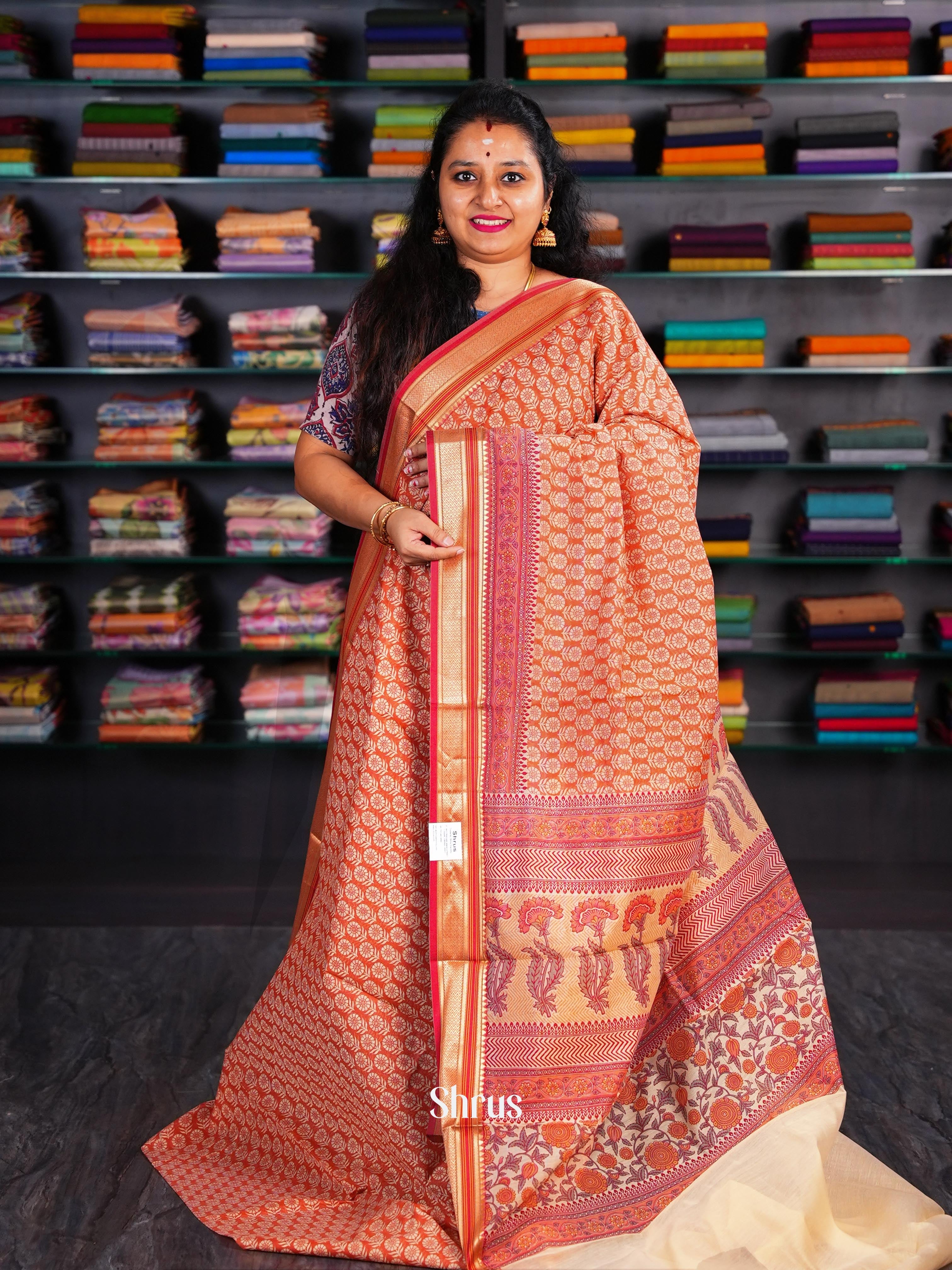 Orange & Cream - Semi Chanderi Saree - Shop on Shrus.com