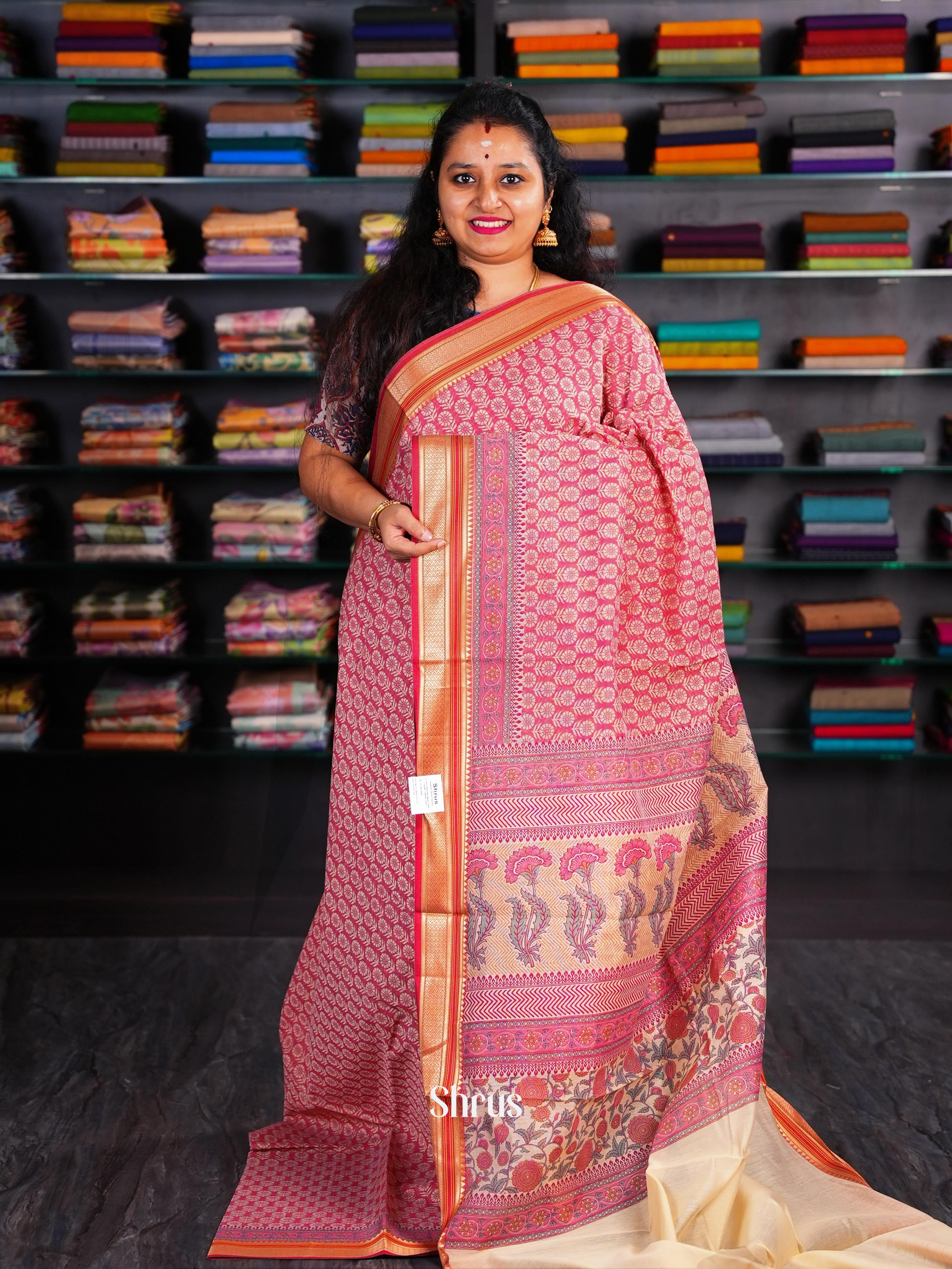 Pink & Cream - Semi Chanderi Saree - Shop on Shrus.com