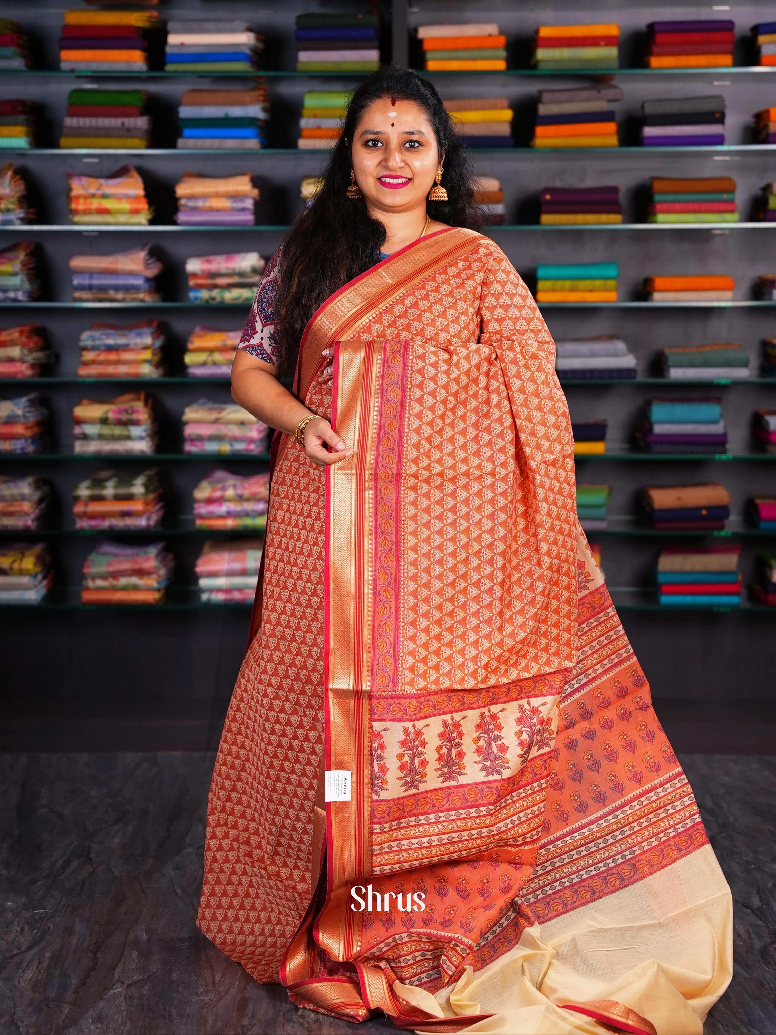 Orange & Cream - Semi Chanderi Saree - Shop on Shrus.com