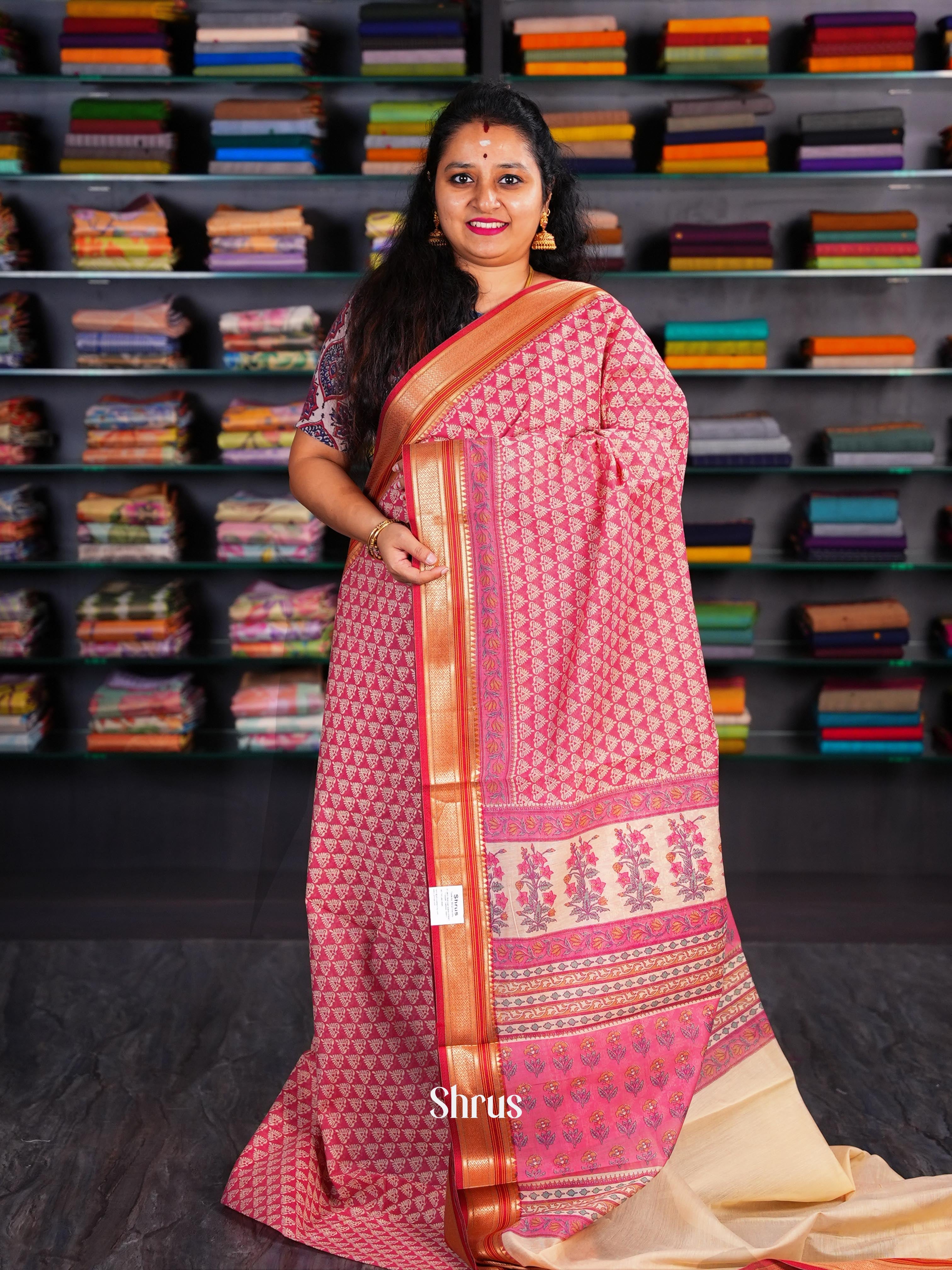Pink & Cream - Semi Chanderi Saree - Shop on Shrus.com