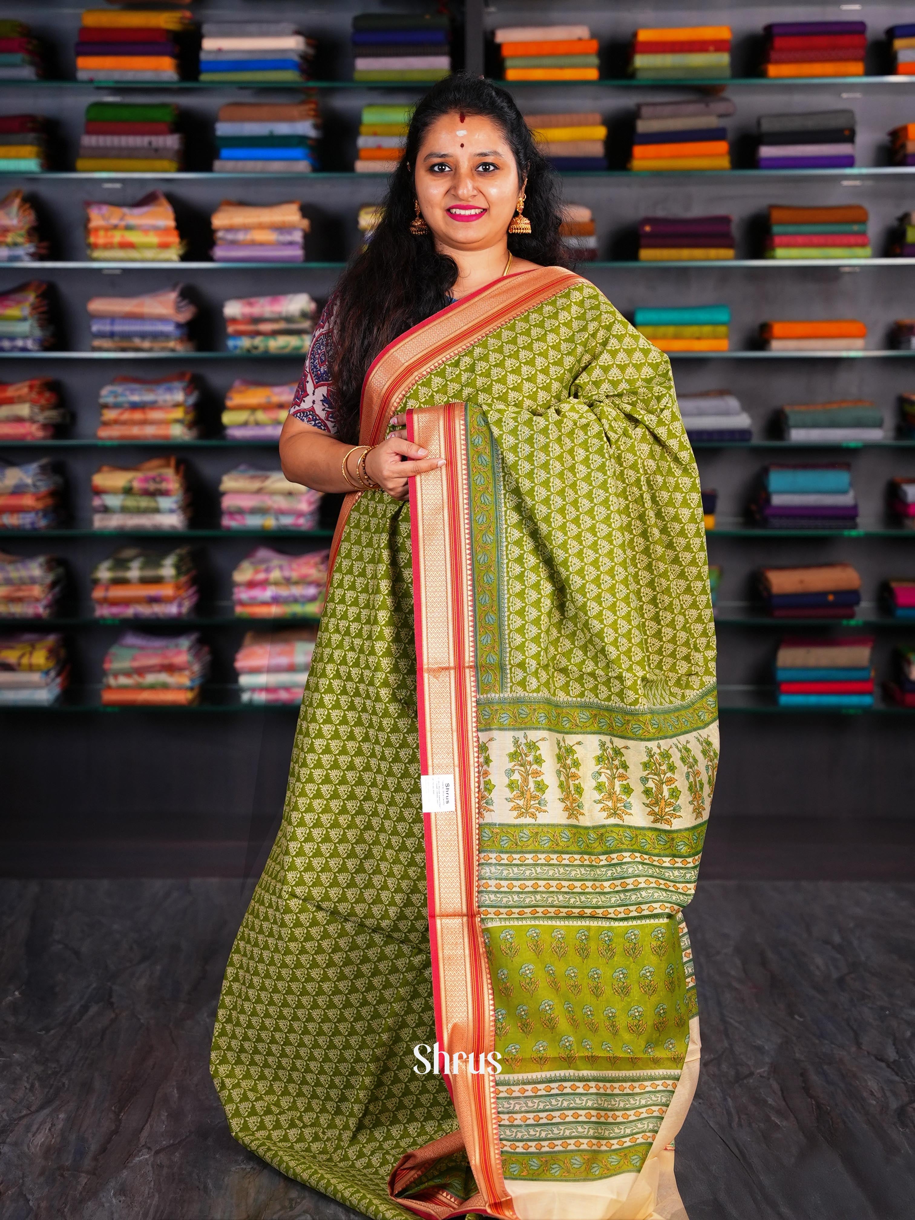Green & Cream - Semi Chanderi Saree - Shop on Shrus.com