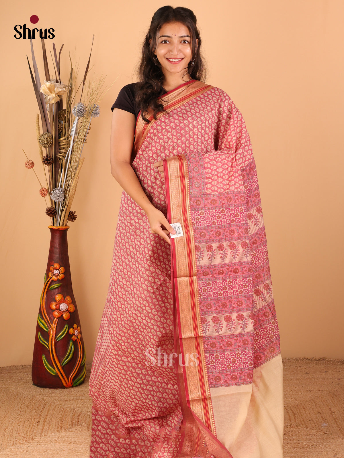 Maroon with pastel pink - Semi Chanderi - CIS06013 - Shop on Shrus.com