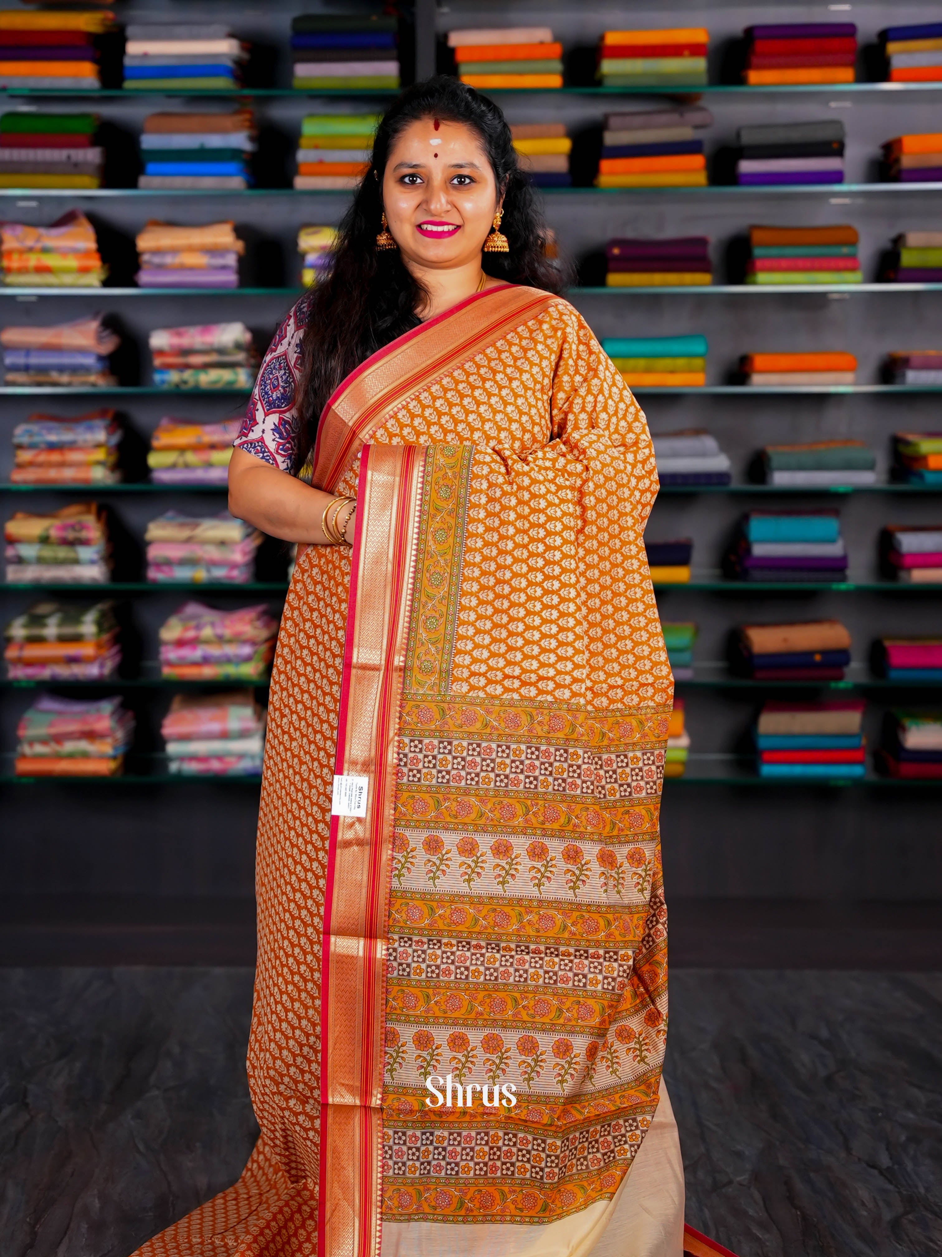 Orange & Cream - Semi Chanderi Saree - Shop on Shrus.com