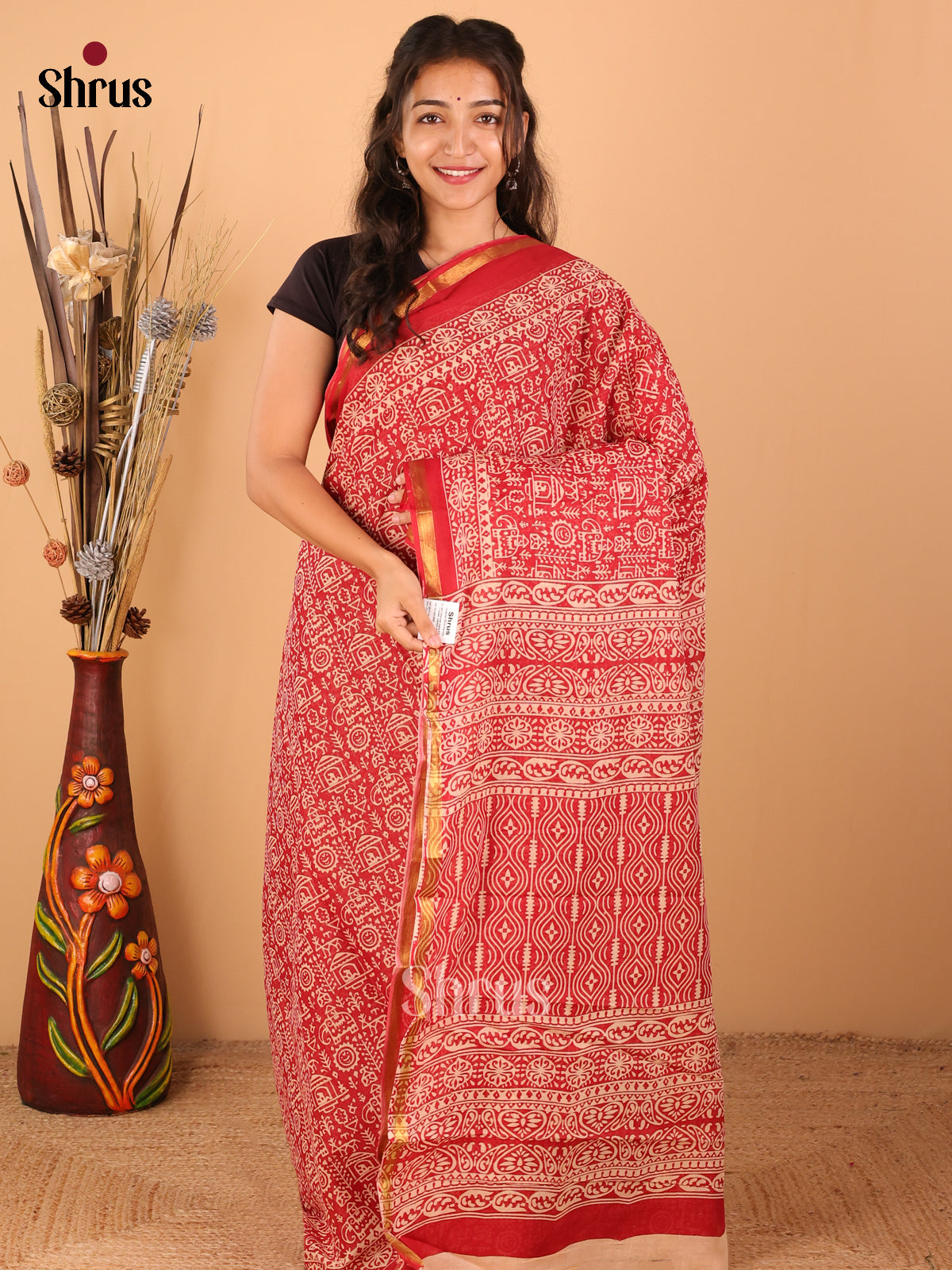 Red - Semi Chanderi - CIS06020 - Shop on Shrus.com