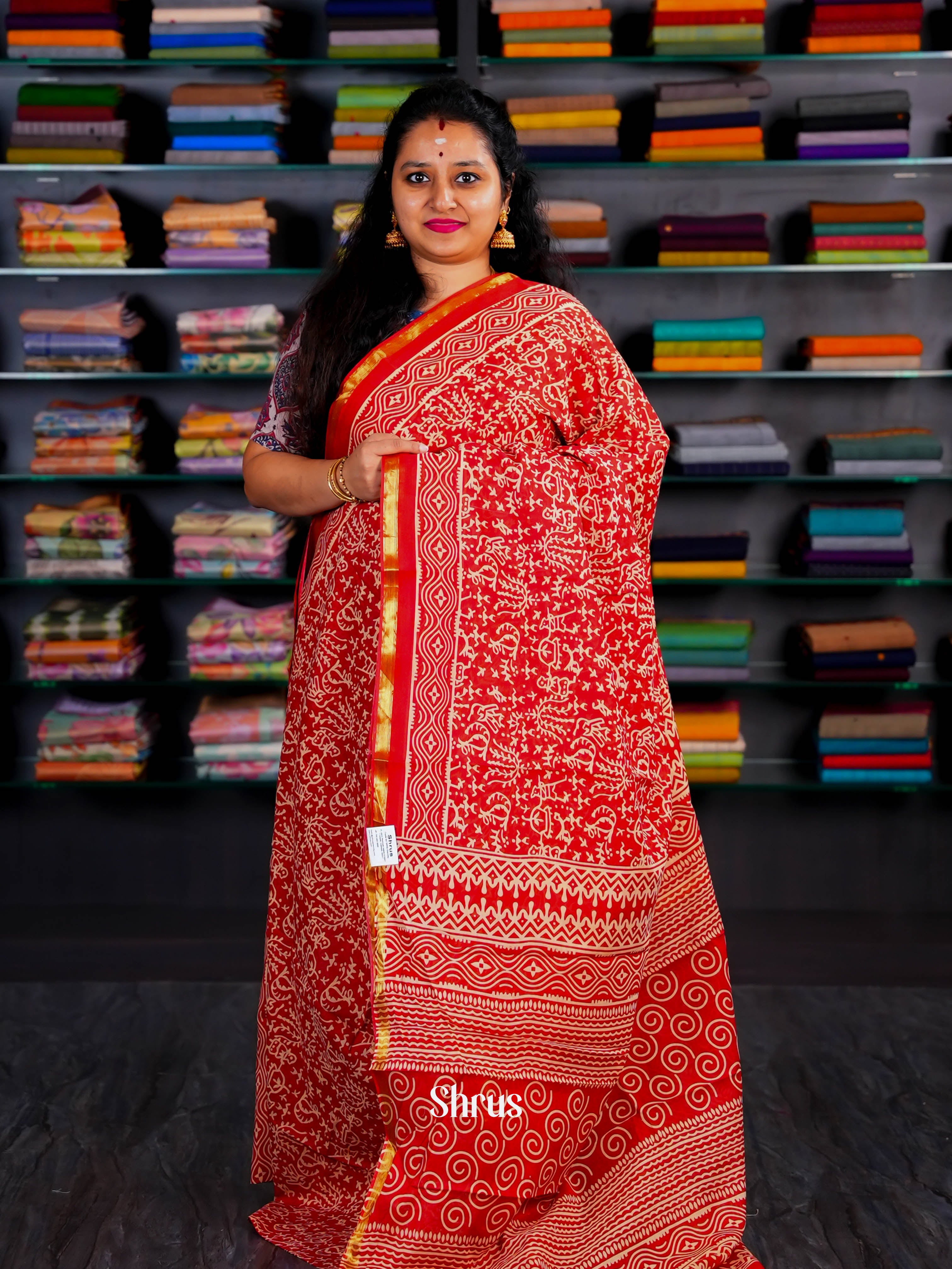 Red - Semi Chanderi Saree - Shop on Shrus.com
