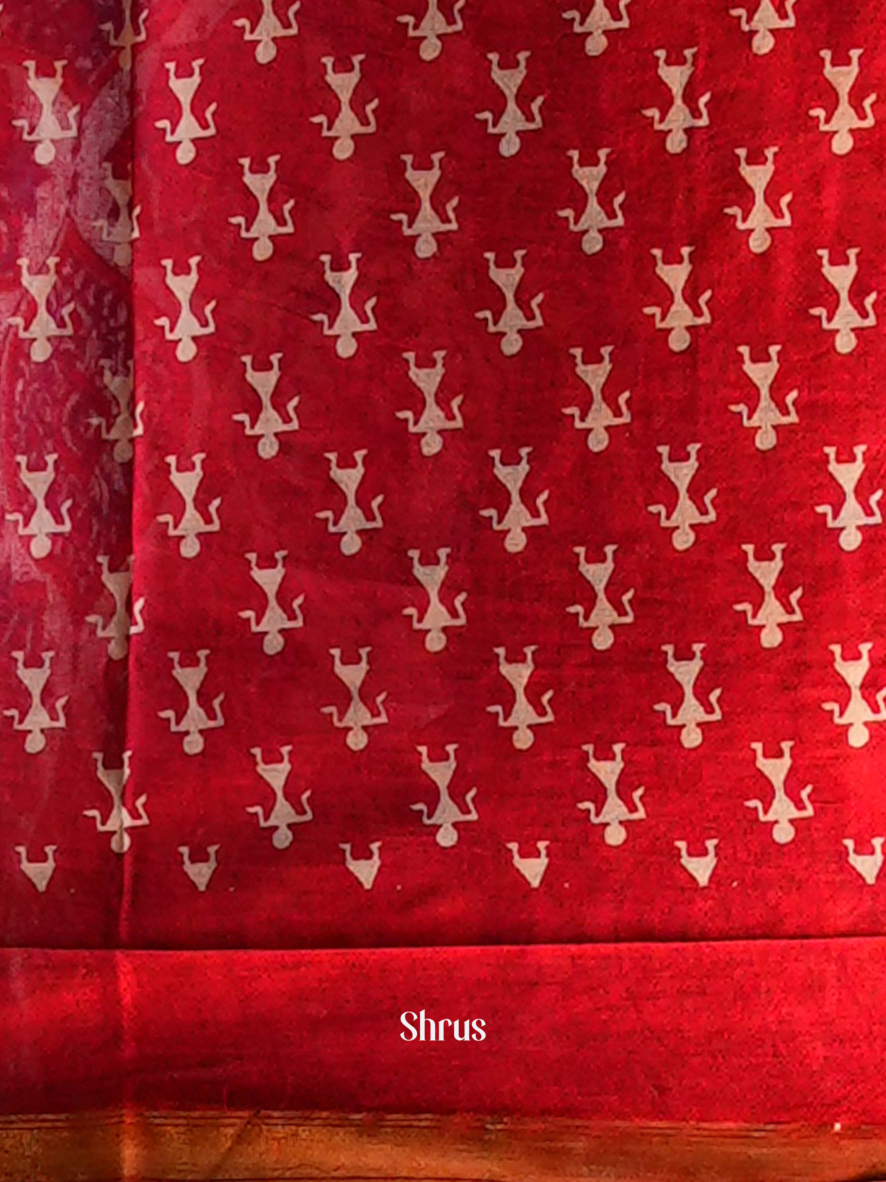 Cream & Dark Red - Semi Chanderi Saree - Shop on Shrus.com