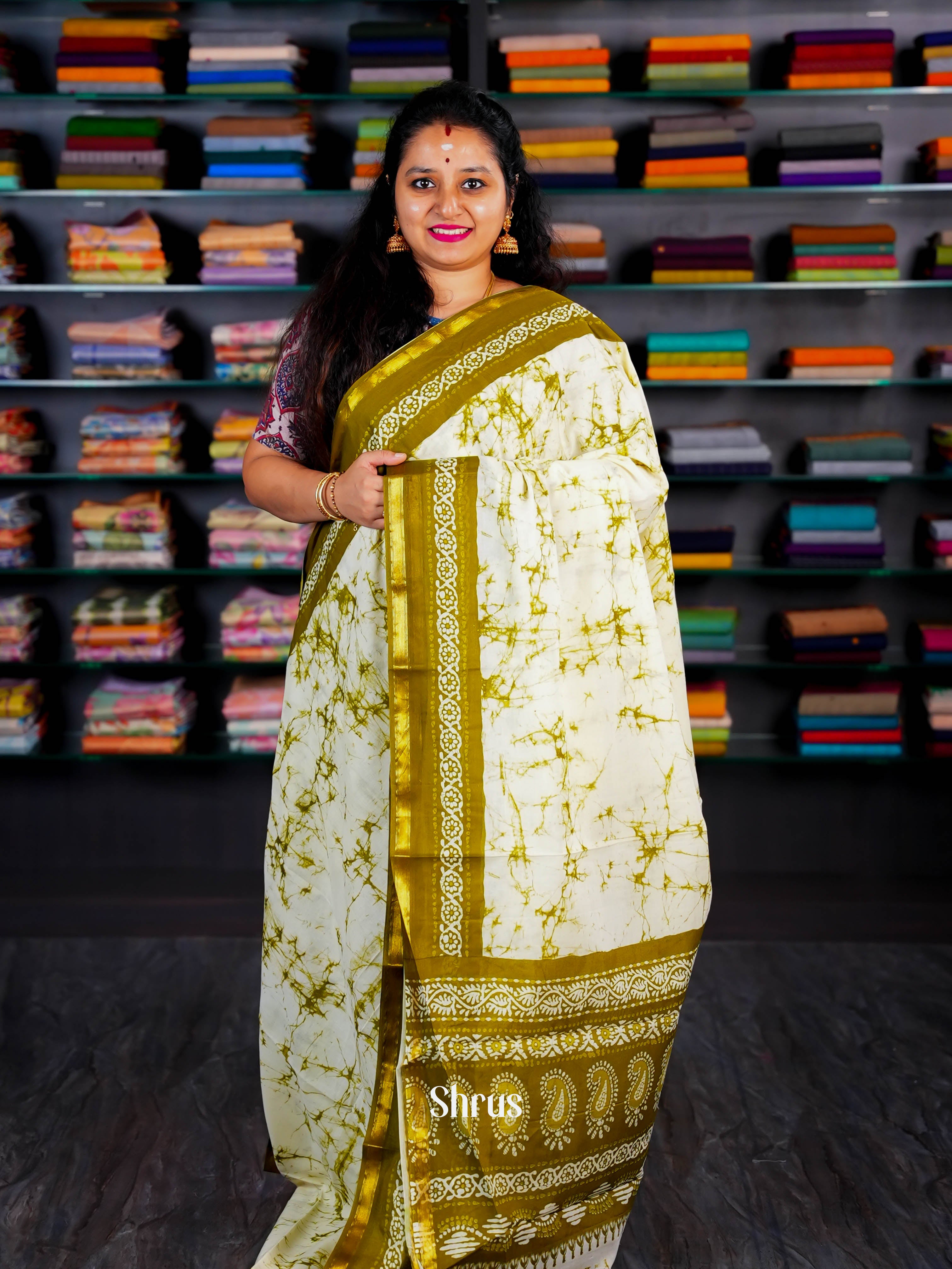 Creamy Green - Semi Chanderi Saree - Shop on Shrus.com