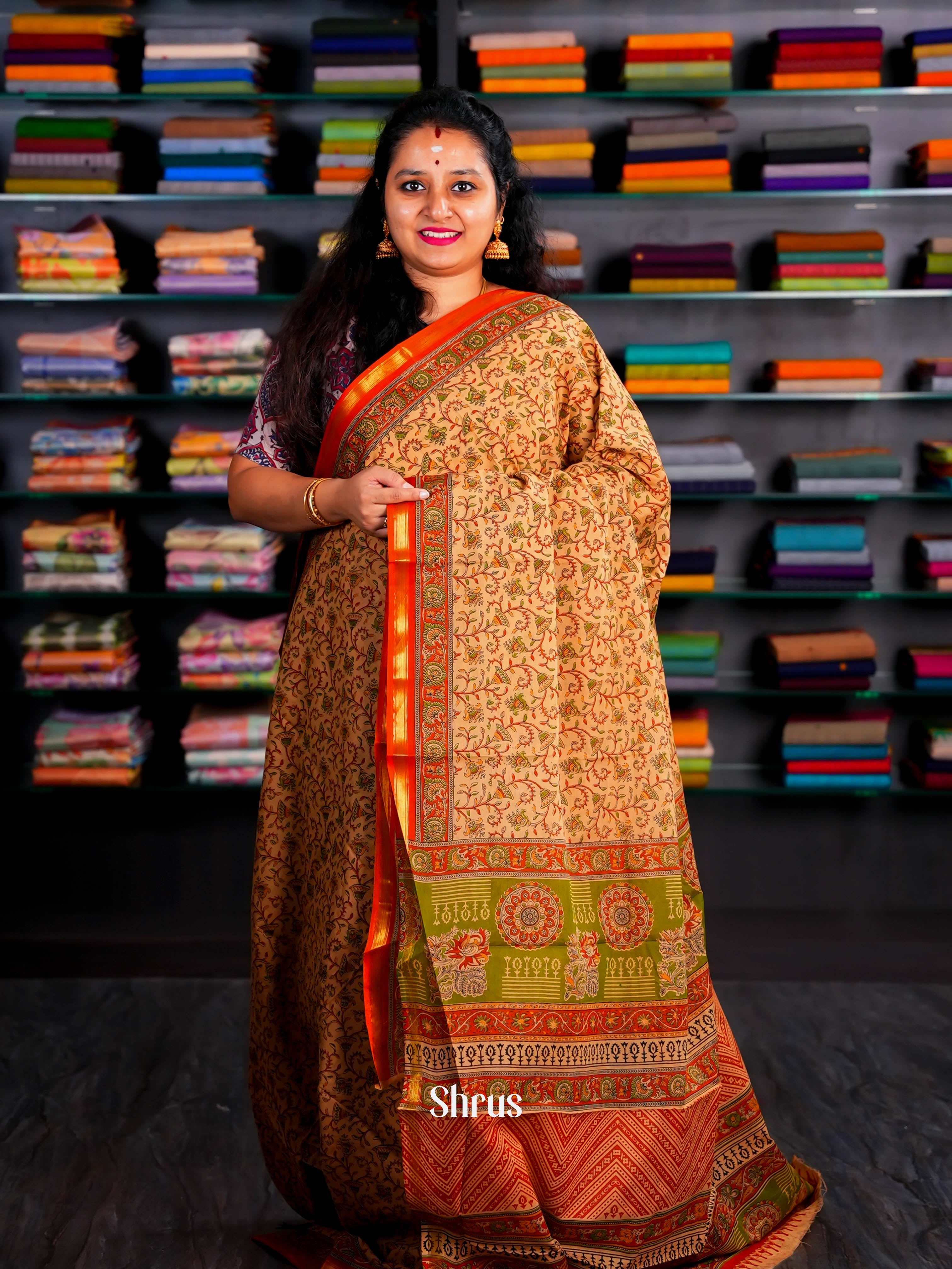 Creamy Orange - Semi Chanderi Saree - Shop on Shrus.com