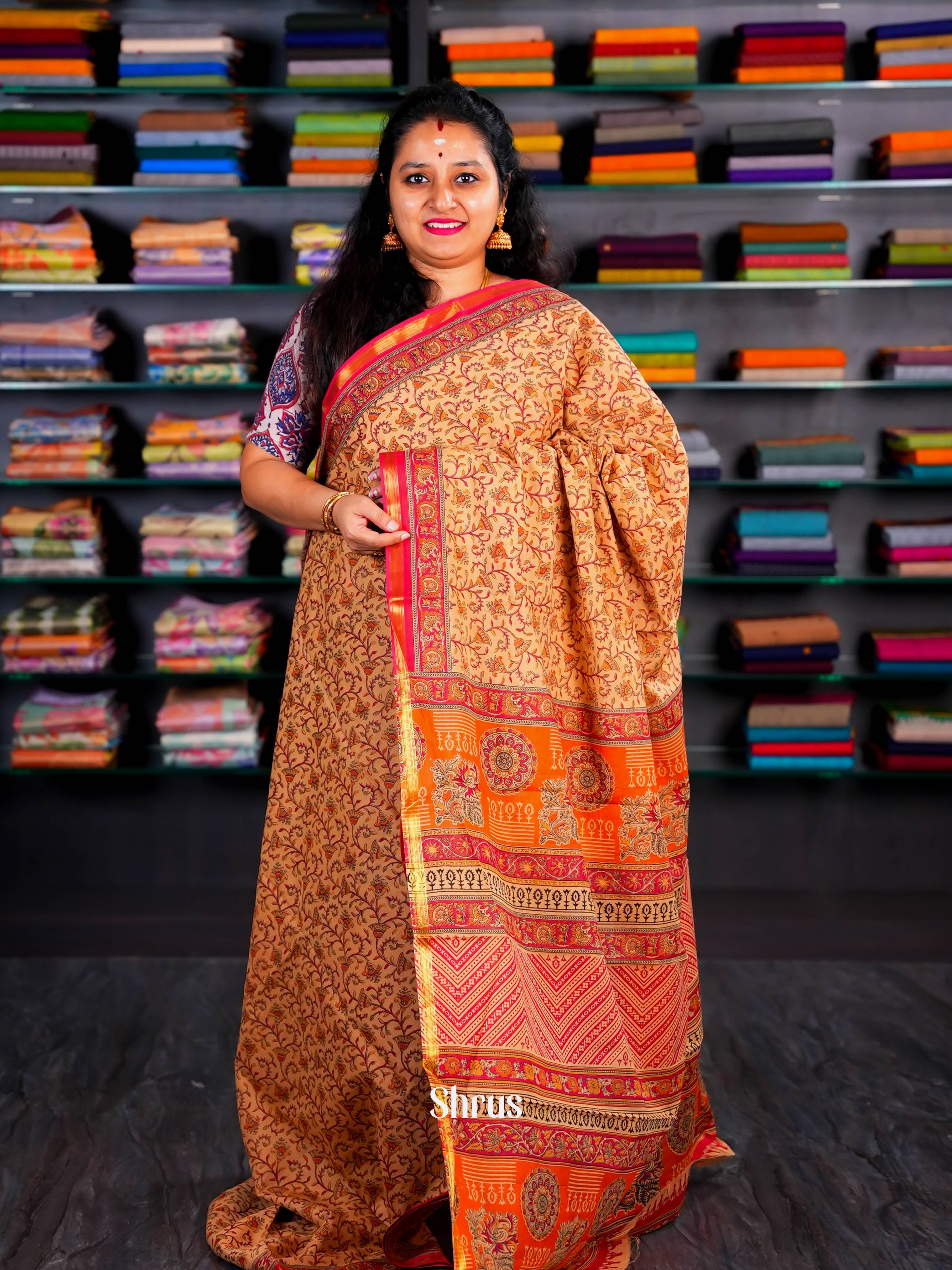 Dark Creamy & pink - Semi Chanderi Saree - Shop on Shrus.com