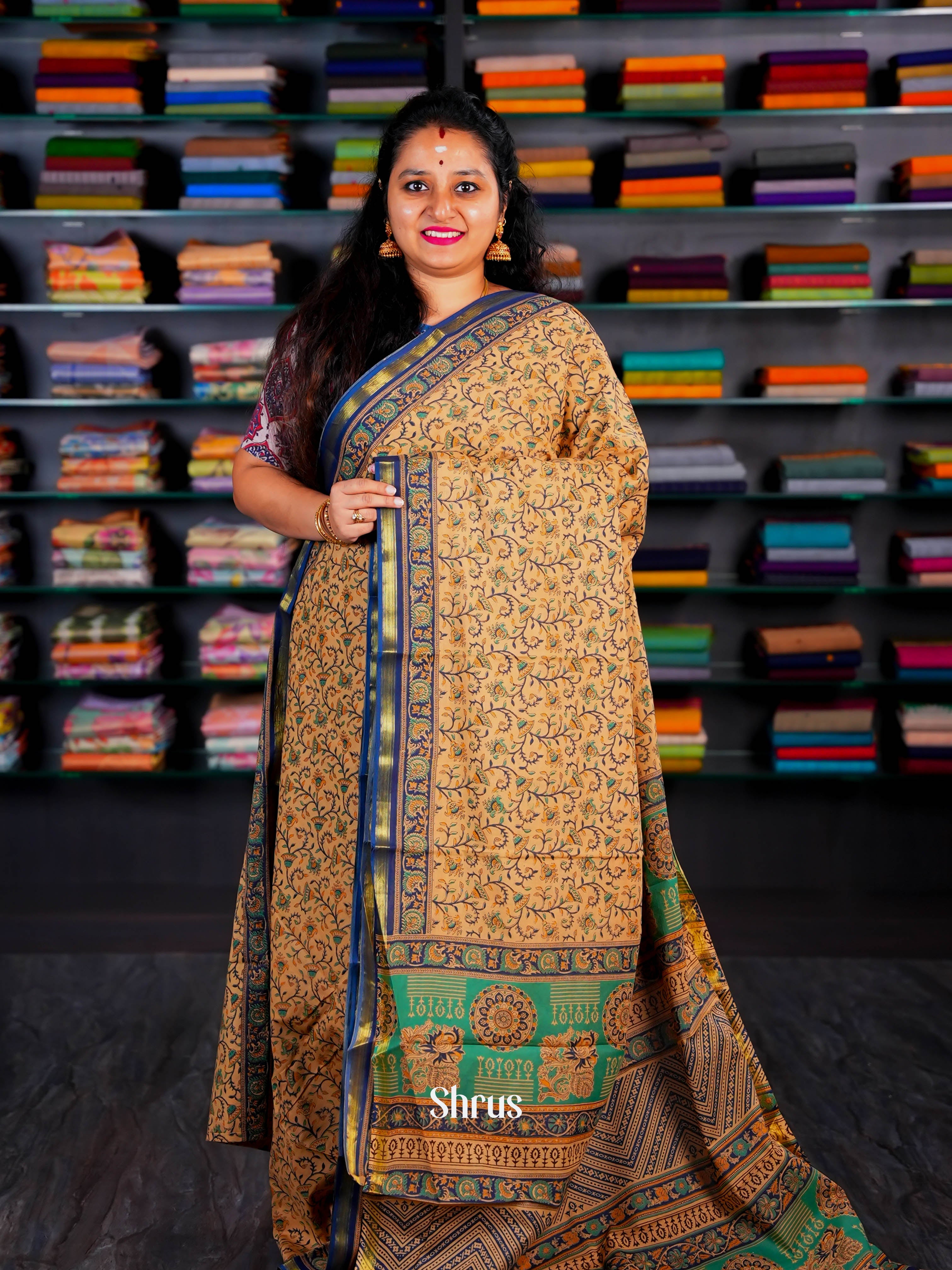 Dark Cream & Blue - Semi Chanderi Saree - Shop on Shrus.com