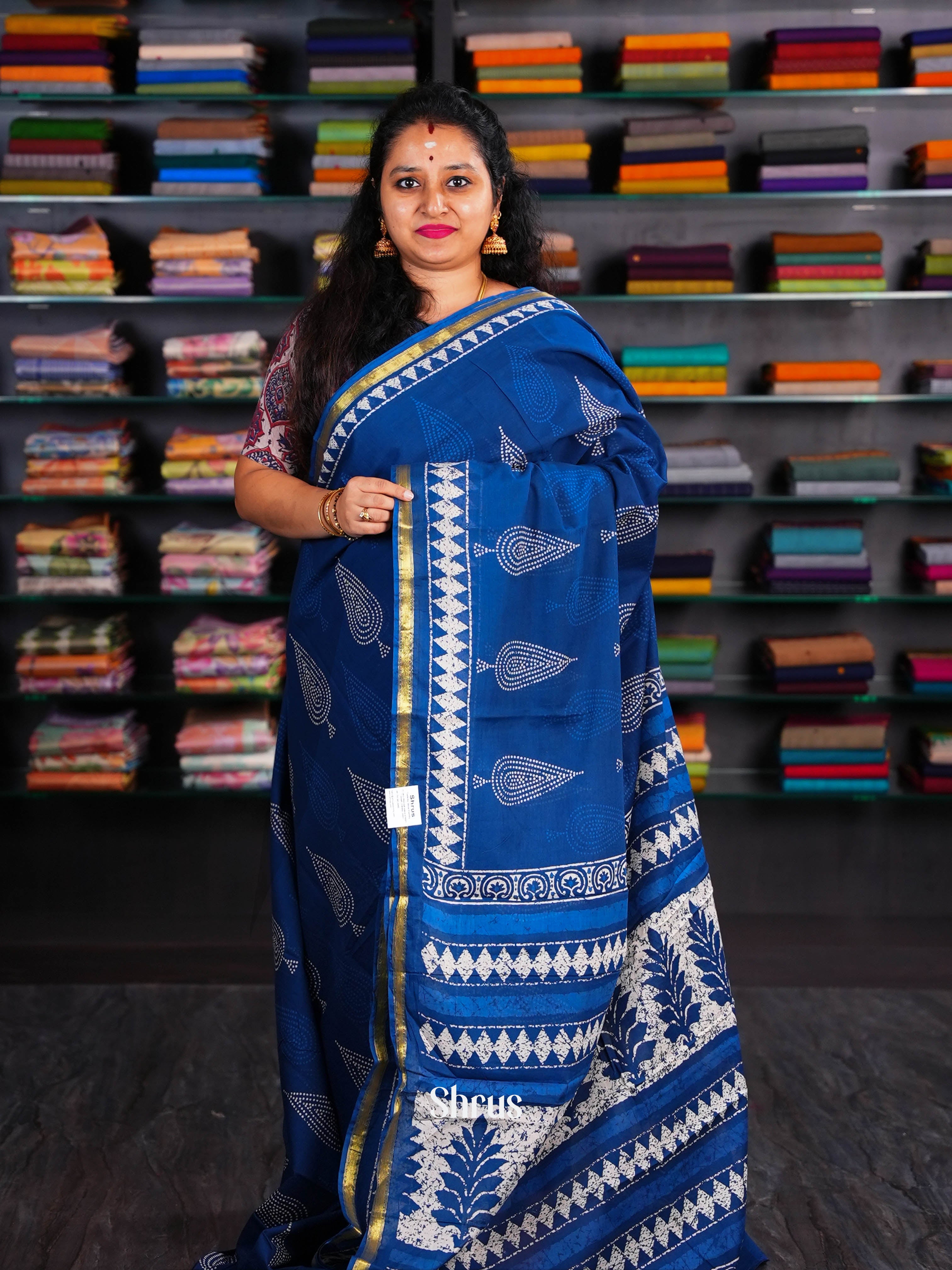 Blue & Cream - Semi Chanderi Saree - Shop on Shrus.com