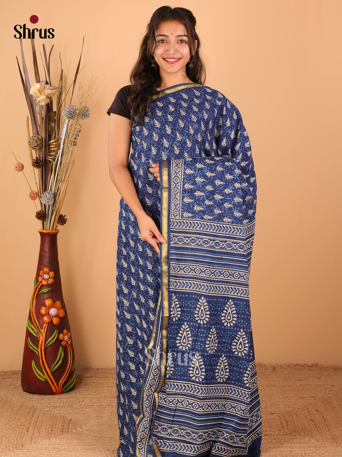 Indigo Blue - Semi Chanderi - CIS06033 - Shop on Shrus.com