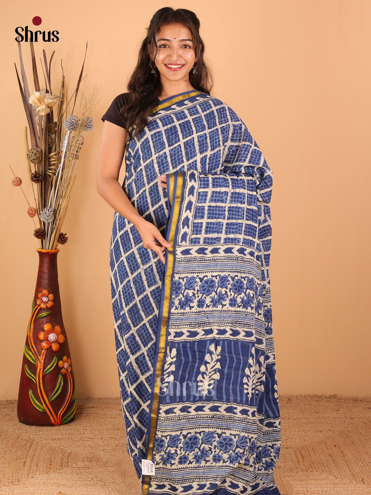 Indigo Blue - Semi Chanderi - CIS06038 - Shop on Shrus.com