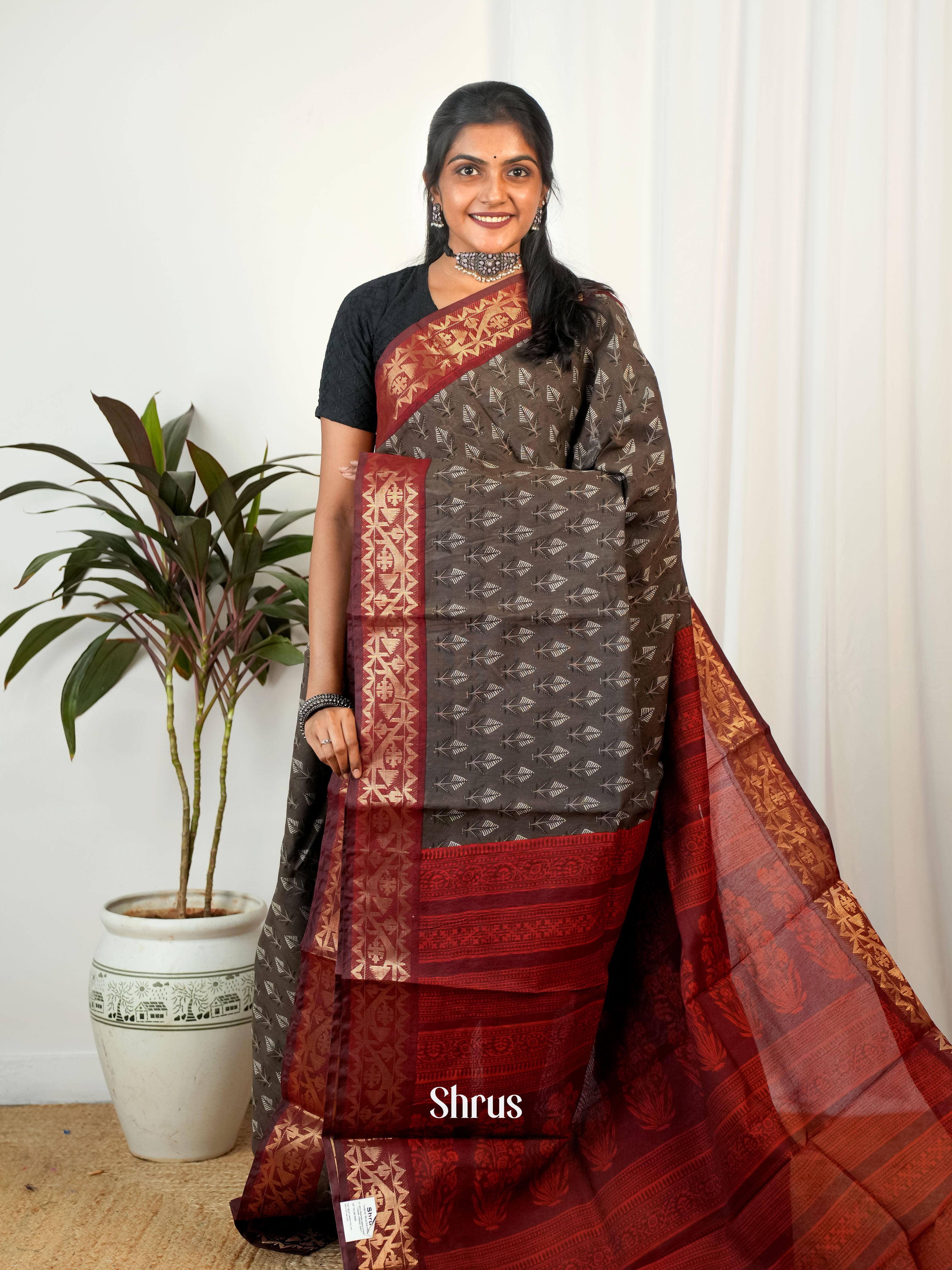 Grey & Maroon - Semi Chanderi Saree - Shop on Shrus.com
