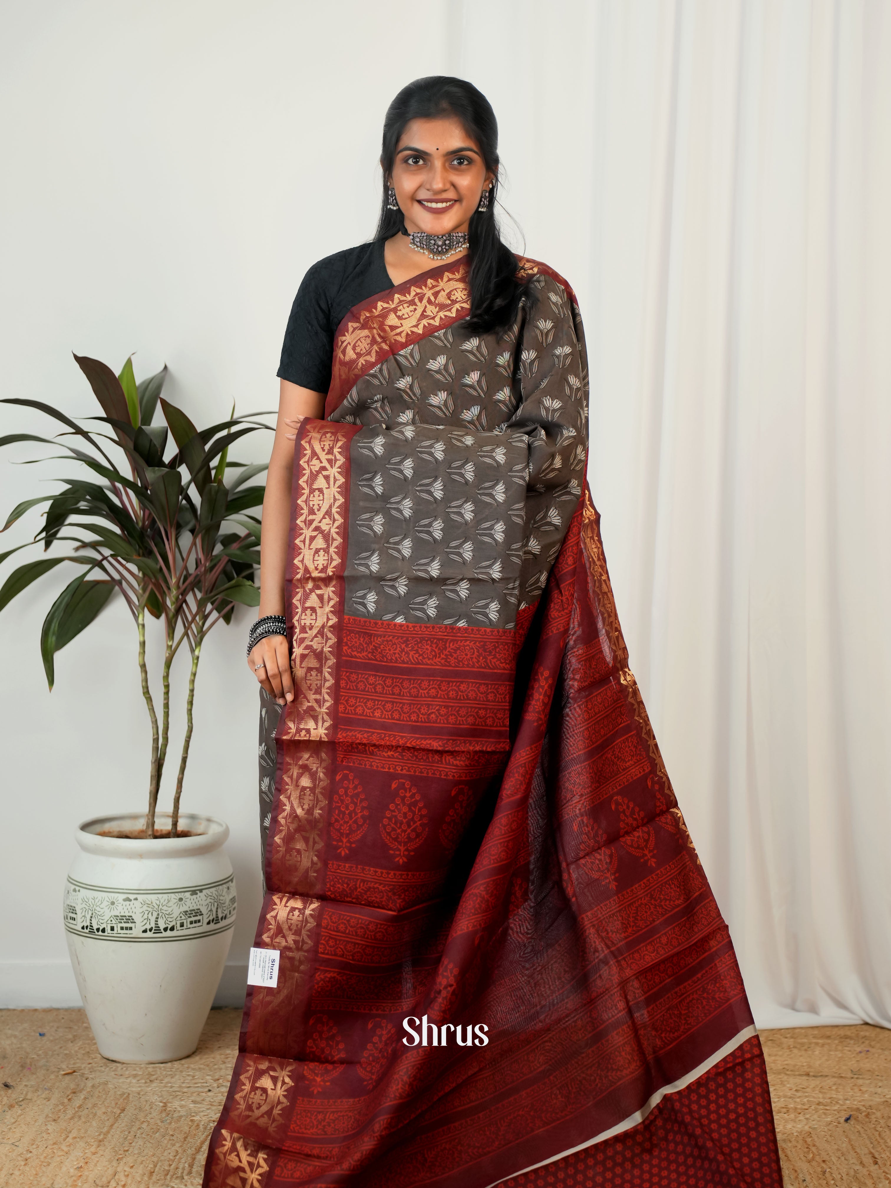 Grey & Maroon - Semi Chanderi Saree - Shop on Shrus.com
