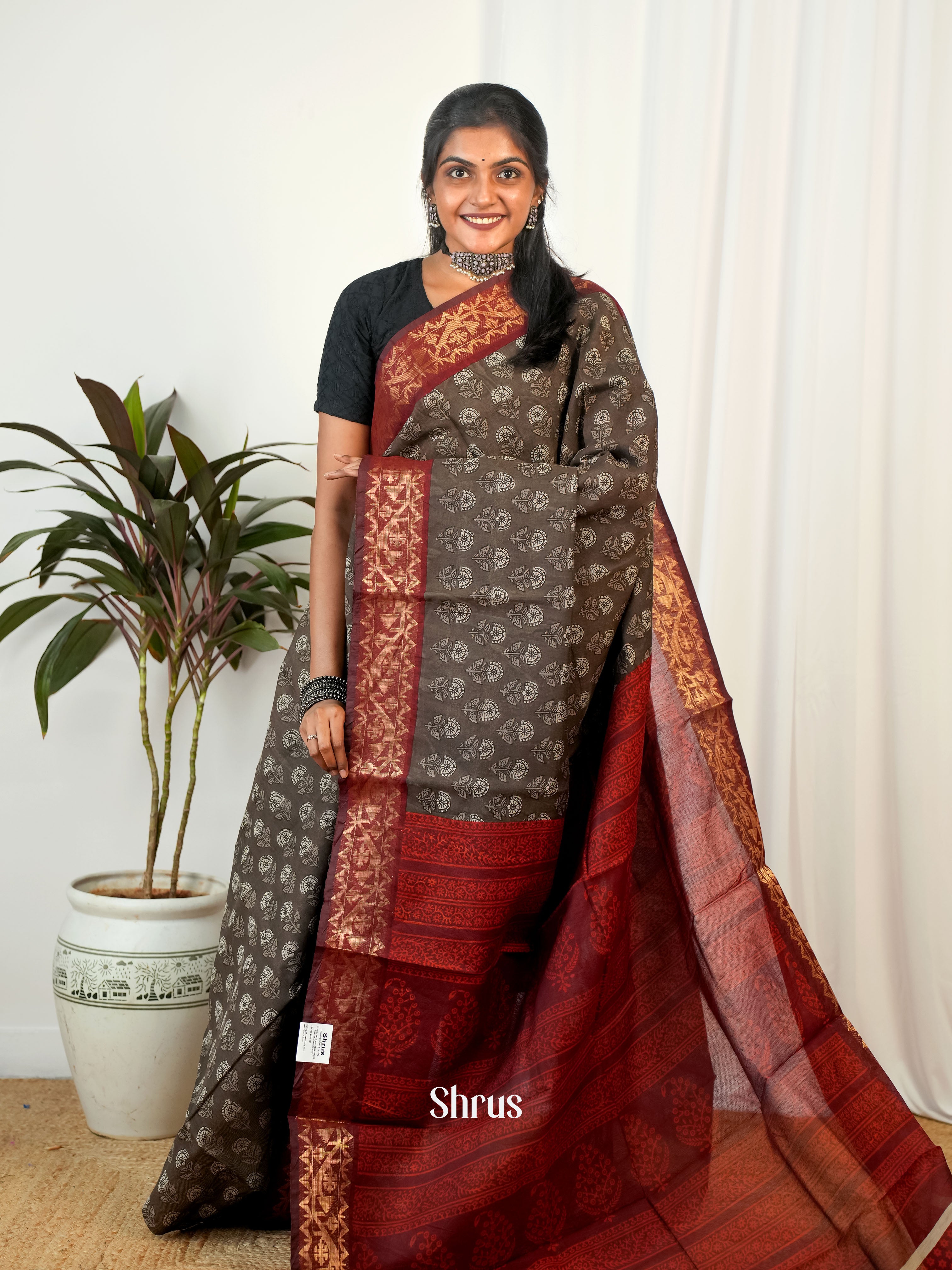 Grey & Maroon - Semi Chanderi Saree - Shop on Shrus.com
