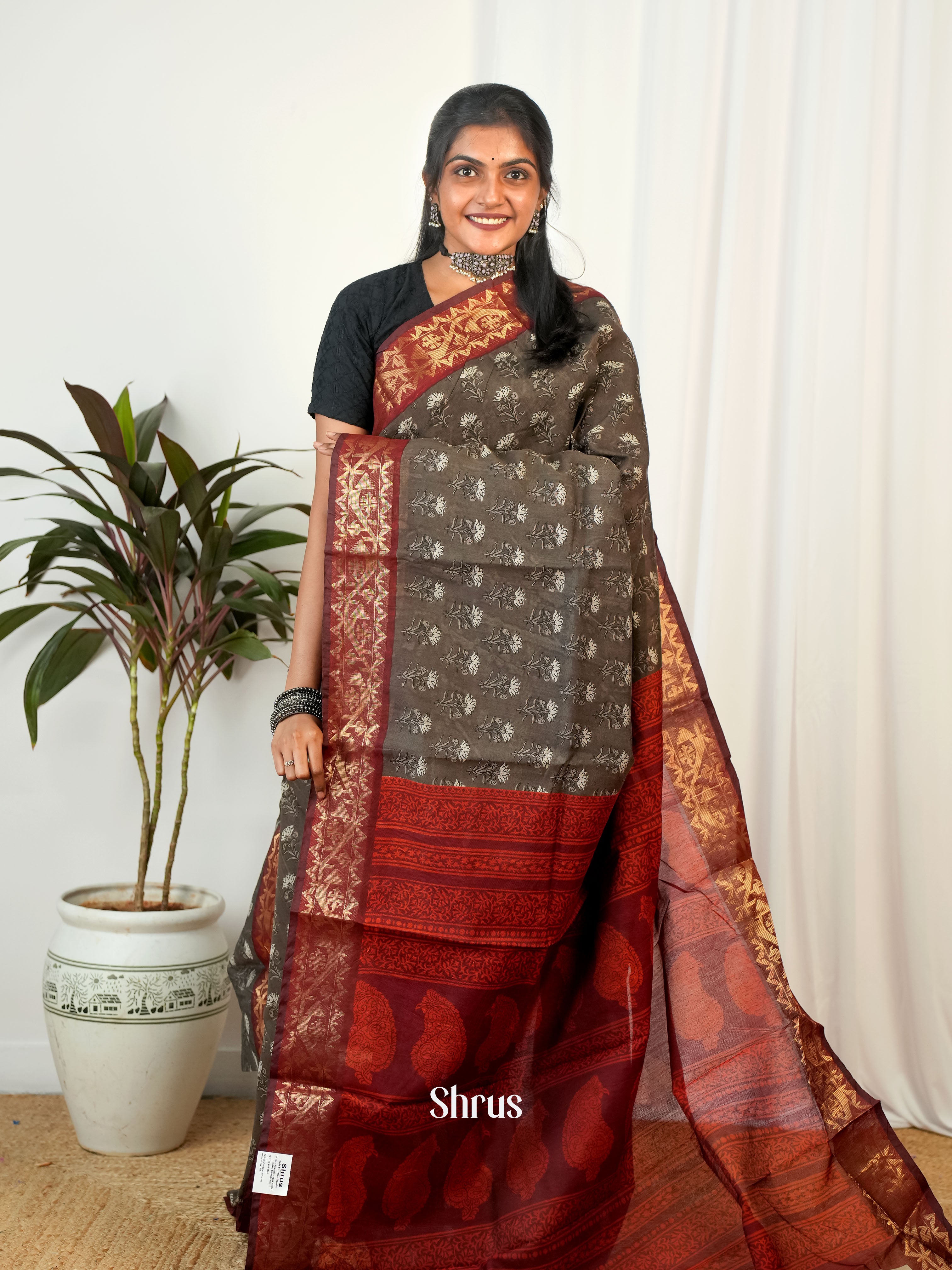 Grey & Maroon- Semi Chanderi Saree - Shop on Shrus.com